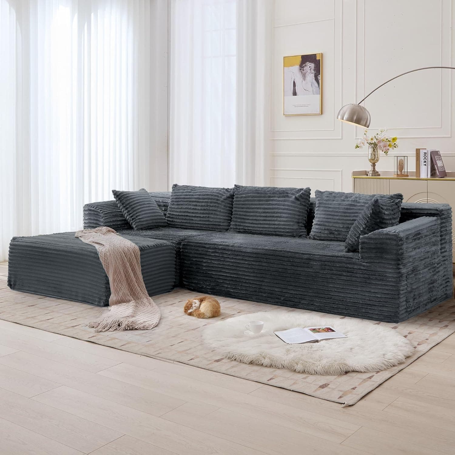 108" Sectional Couches for Living Room, Modular Sectional Sofa with L-Shape Chaise, Cloud Couch, Comfy Corduroy Fluffy Couch with Deep Seat and Side Pockets, No Assembly Required Charcoal Grey - Image 3