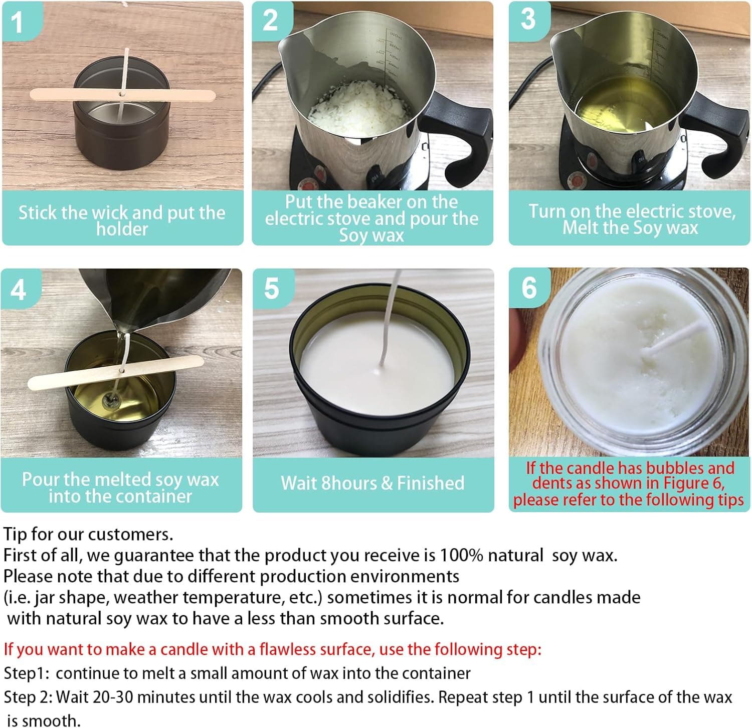 Soy Wax Candle Making Kit Supplies With Wax Melter, Natural Candle Wax For Candle Making, DIY Art&Crafts Kit for Adults,Beginner, Including 2lbs Soy Wax Flakes, Electric Stove,CandleWick,Melting Pot 2lbs with melter - Image 7