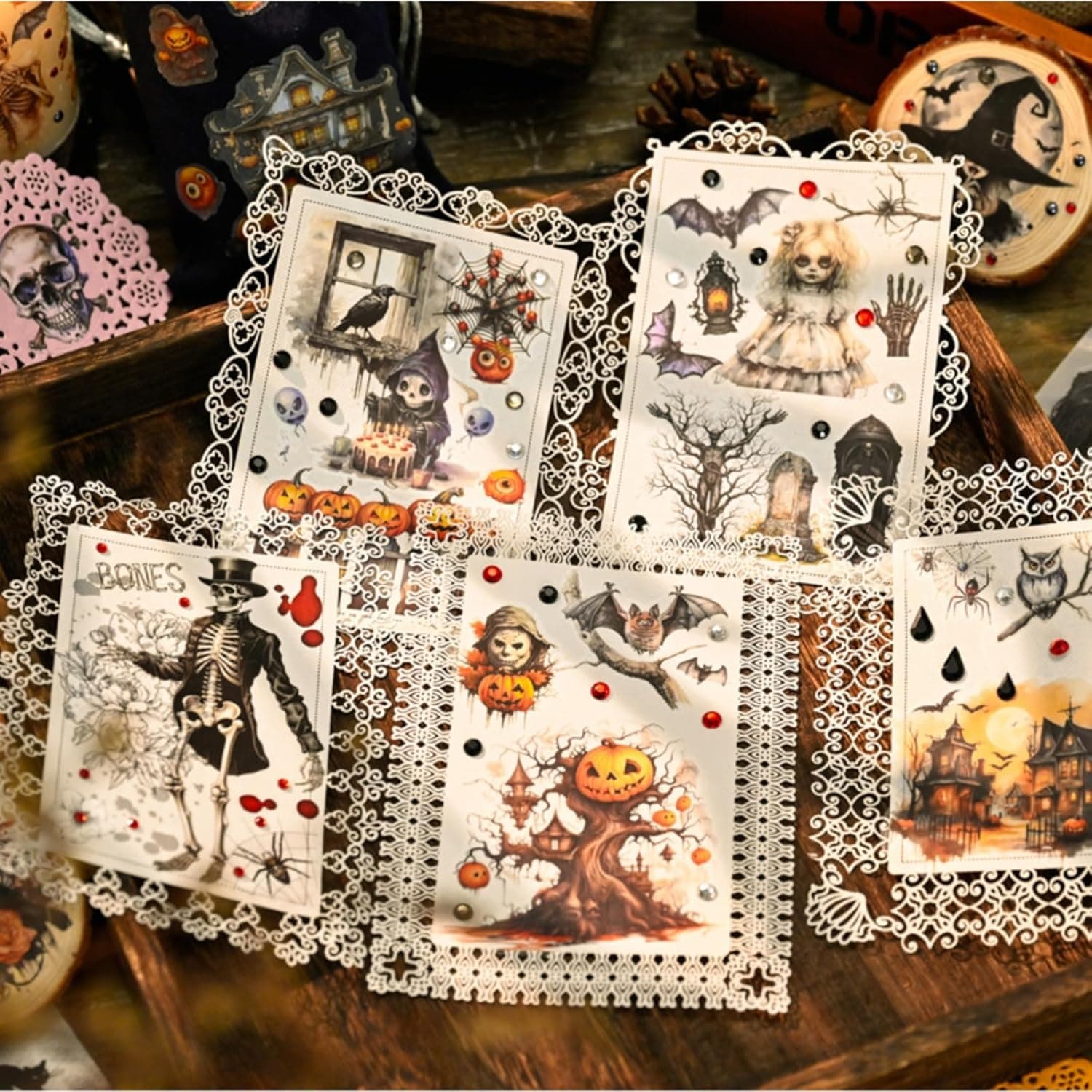 Vintage Rub On Transfer Stickers Scrapbooking Stickers Junk Journal Supplies, 3 Sheets, Gothic Designs with Skeletons, Pumpkins and Haunted Houses - Image 9