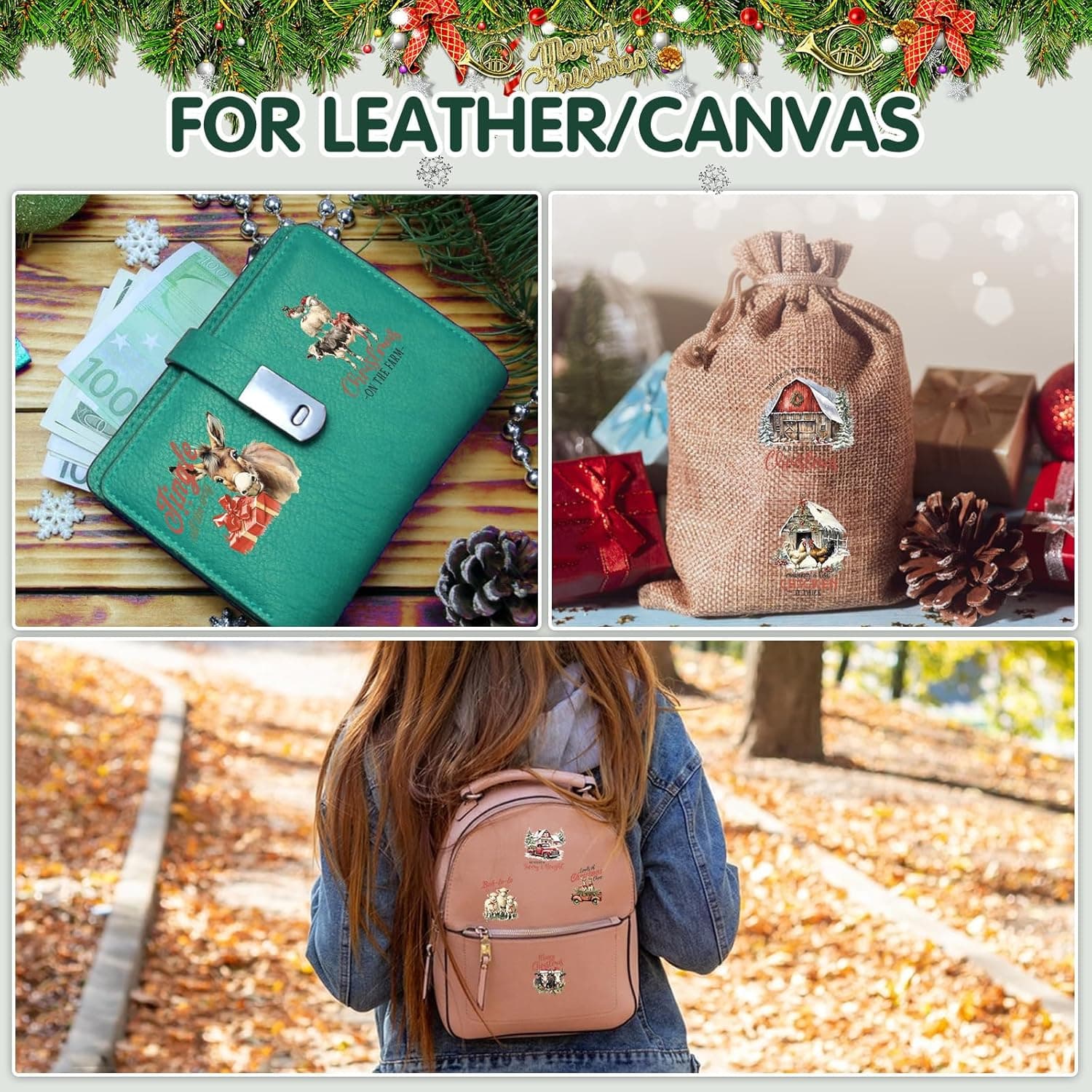 24 Sheets Vintage Christmas Rub On Transfers for Crafts, Rub On Transfers Christmas for Wood，Furniture Decals, Glass, Porcelain, Leather, Canvas, Fabric Projects,3 * 3inch(Farm Christmas) Cottage farm Christmas - Image 9