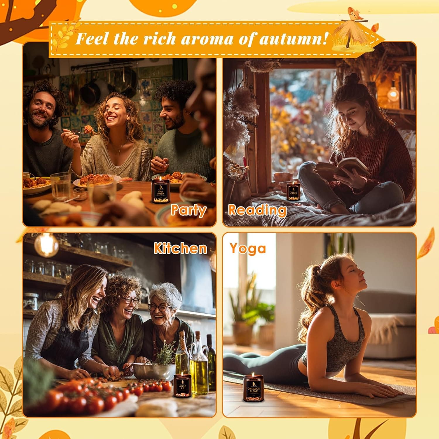 秋季蜡烛套装，适合家庭的秋季香氛蜡烛，4件装大豆蜡烛套装，适合男女的秋季礼物，香气包括香草南瓜/肉桂丁香/苹果派/秋季派对 - Image 5