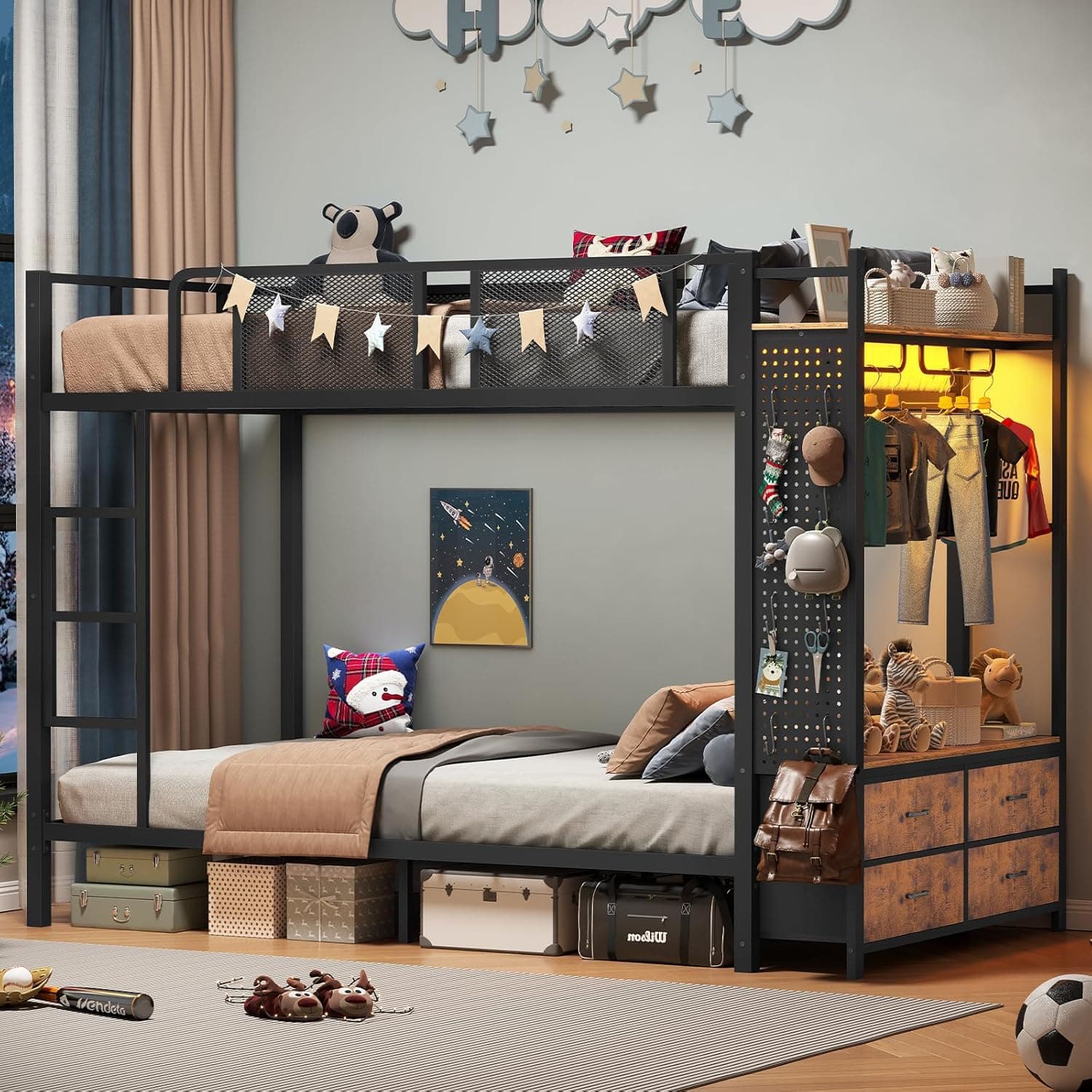 Itaar Metal Bunk Bed Twin Over Twin with Hall Tree, Power Outlet, LED Bunk Bed with 4 Storage Drawers, Bed with Safety Guardrail & Ladders, No Box Spring Needed, Easy Assembly, Rustic Brown Twin Rustic Brown - Image 3