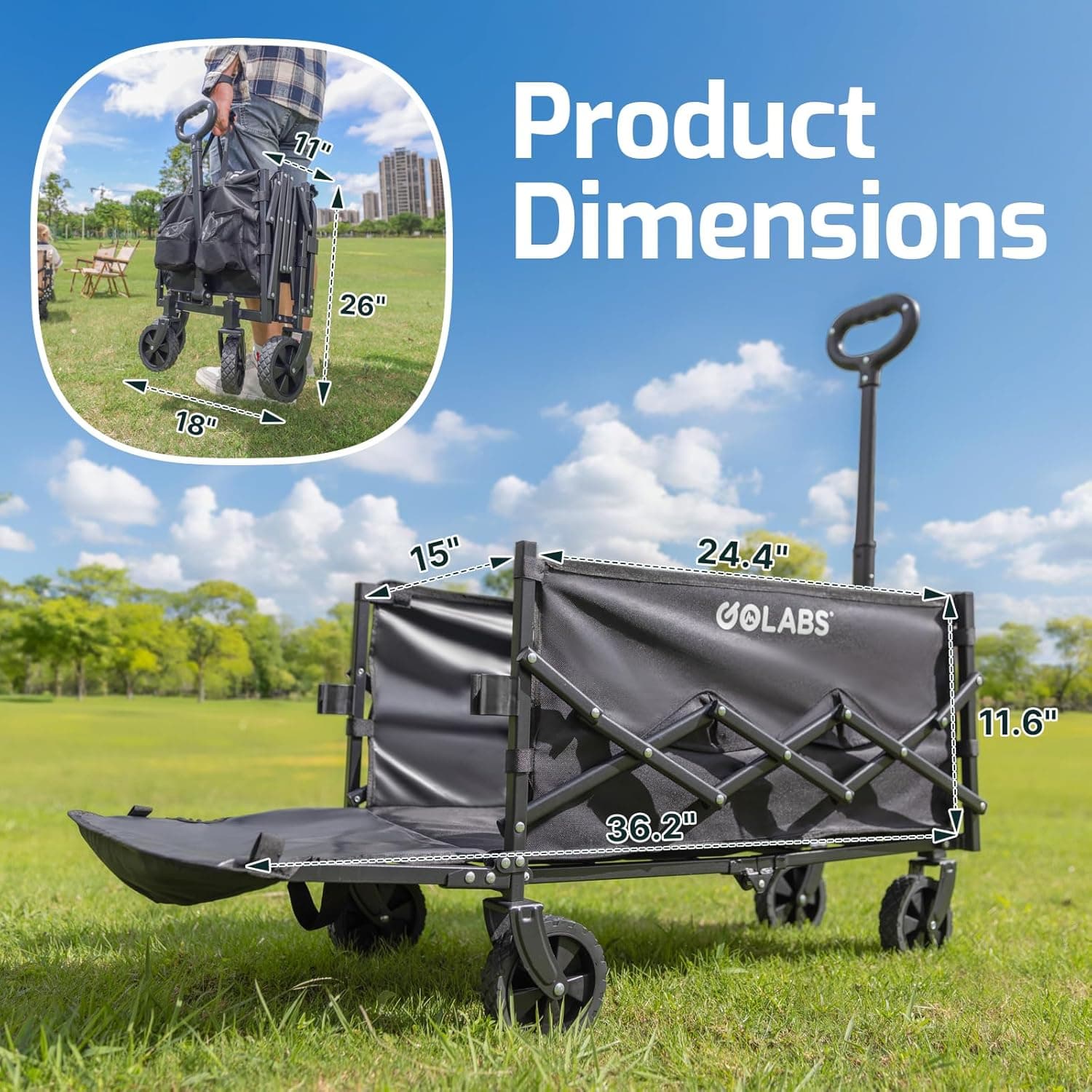 Golabs Collapsible Wagon Cart Max 350lb Load & Expandable Storage 100L, Double Bearing Design for Flexible Steering, Foldable Heavy Duty Garden Cart with 2 Cup Holders for Groceries, Garden & Camping Black - Image 9