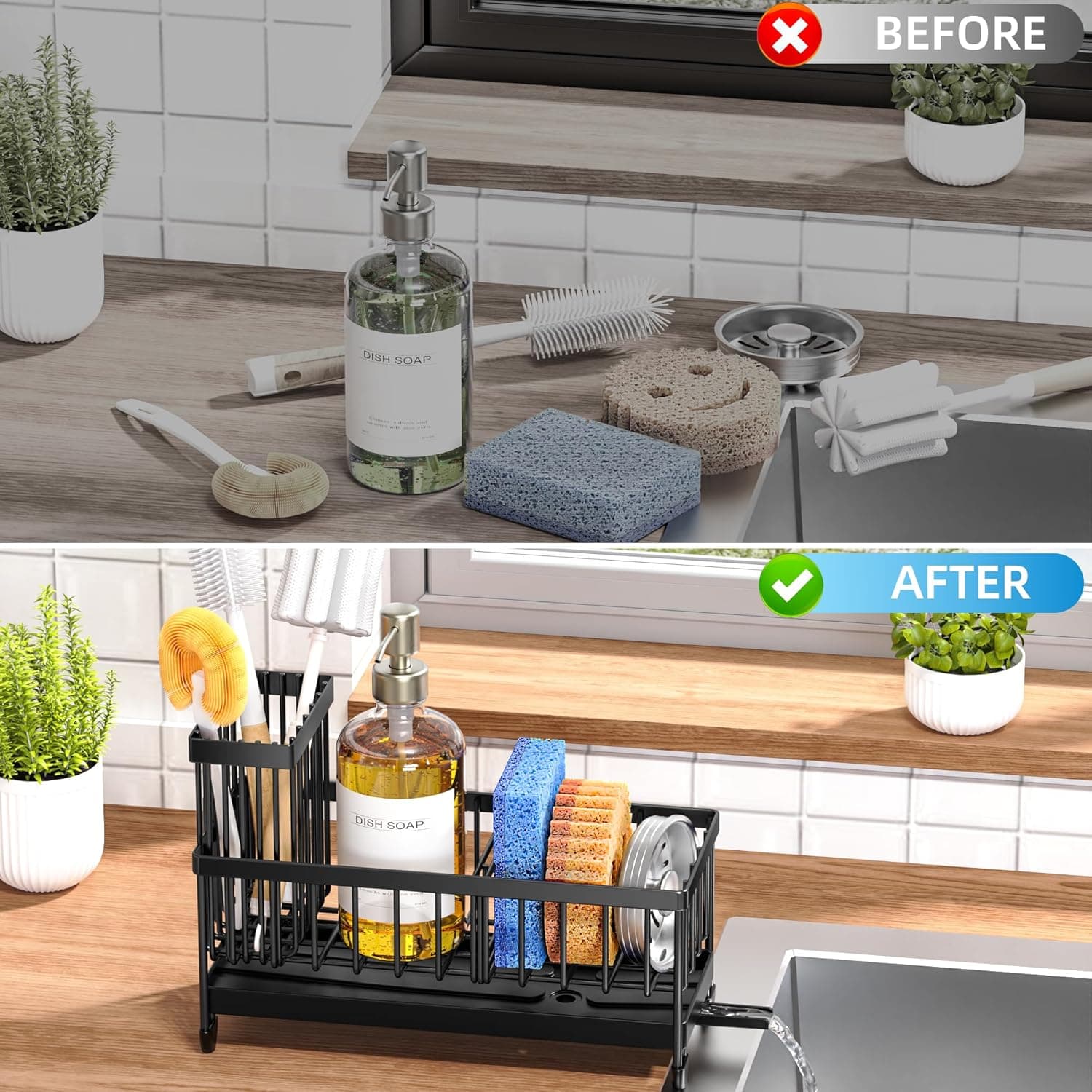 Cisily Sponge Holder for Kitchen Sink, Sink Caddy Organizer with High Brush Holder, Kitchen Countertop Organizers and Storage Essentials, Rustproof 304 Stainless Steel (Black, 9.25″) - Image 6