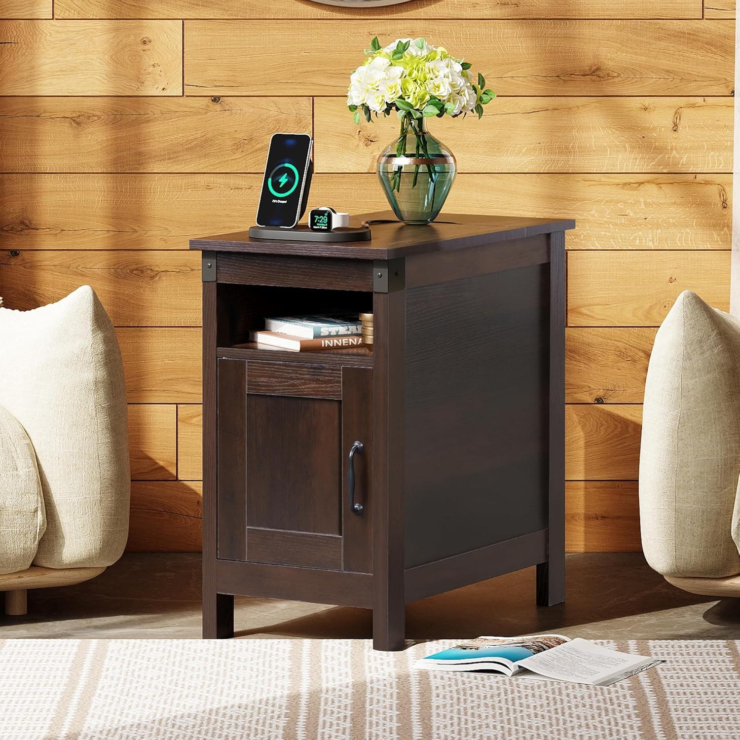 WLIVE End Table with Charging Station, Narrow Side Table for Living Room, Farmhouse Night Stand with Storage, Small Wooden Cabinet with USB Ports and Outlets for Living Room and Bedroom, Espresso Espresso 1 - Image 3