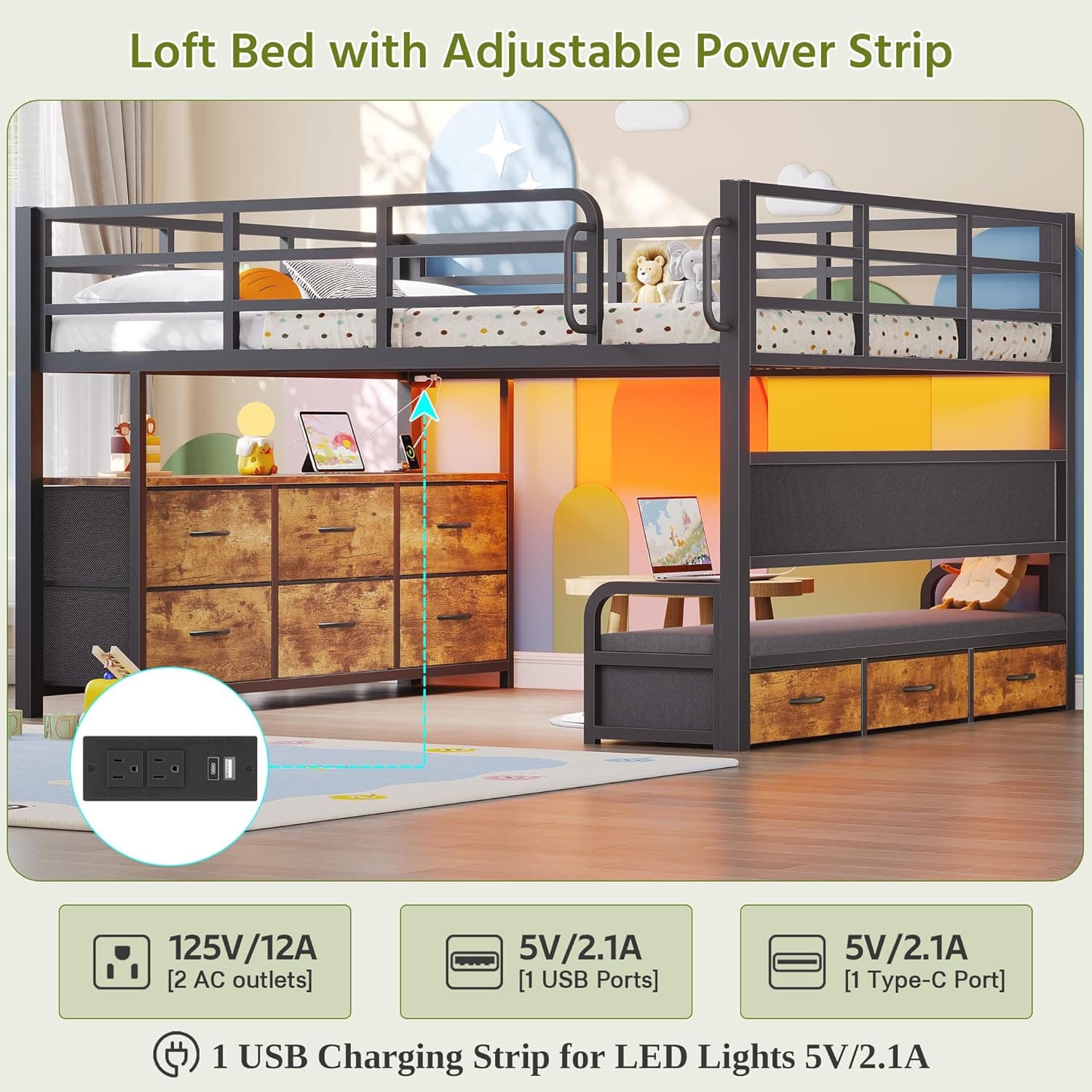 Cama de tamaño completo con escritorio, marco de cama de tamaño completo con 9 cajones de almacenamiento, cama loft para niños con barandilla de seguridad de 15.8" H, sofá, luces LED y estación de carga, sin necesidad de somier, marrón rústico - Image 7