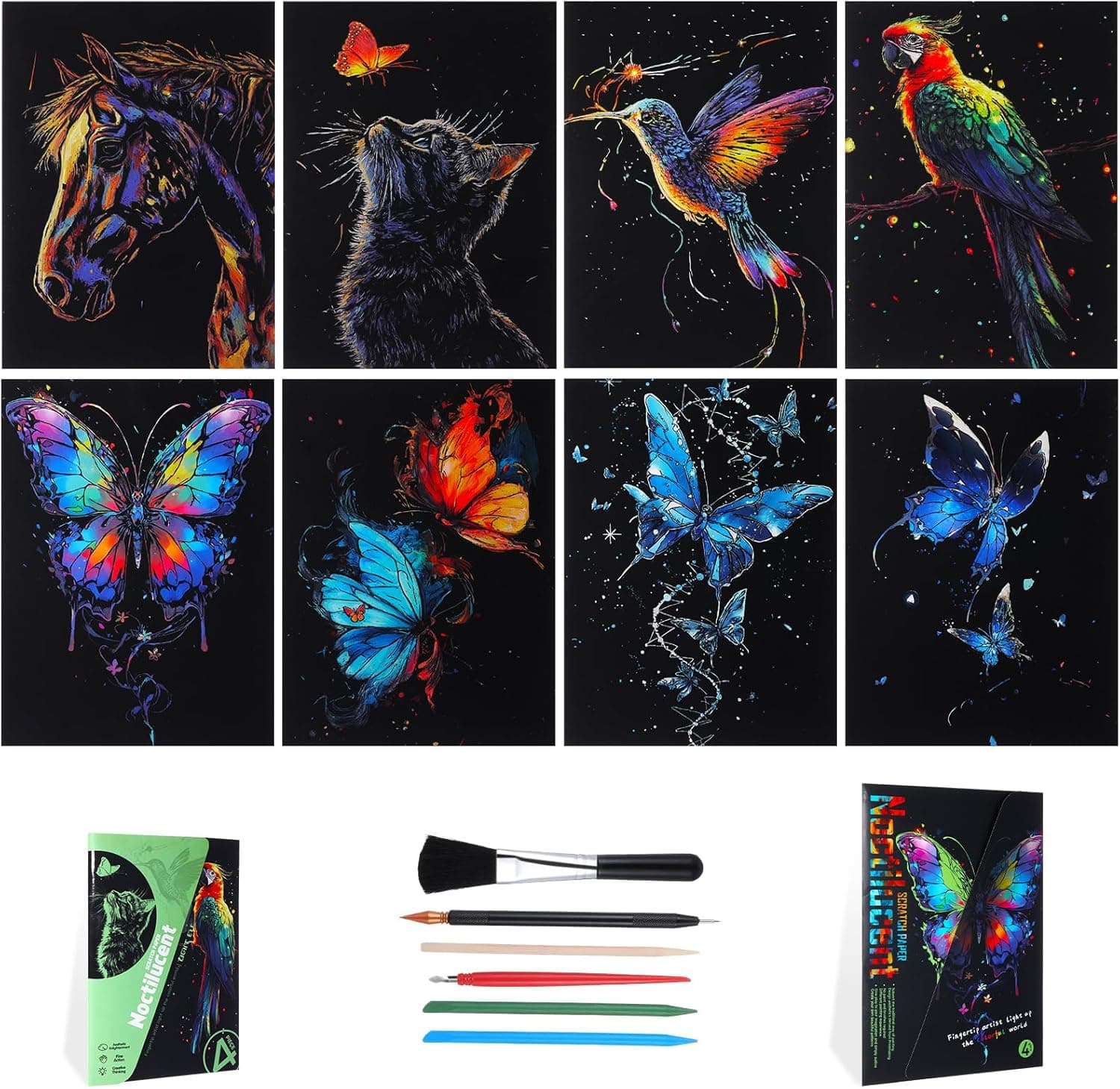 8 Pack Glow in The Dark Scratch Art for Adult Rainbow Painting Paper Sheet with Pen/Cleaning Brush Noctilucent Engraving Scratchboard for Adults Gift Craft for Gift, Stress Relief Animal - Image 2