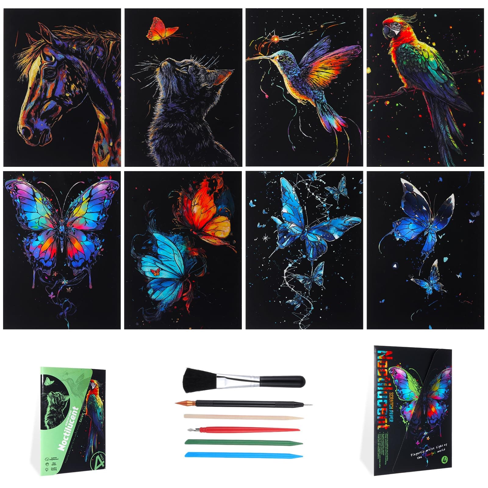 8 Pack Glow in The Dark Scratch Art for Adult Rainbow Painting Paper Sheet with Pen/Cleaning Brush Noctilucent Engraving Scratchboard for Adults Gift Craft for Gift, Stress Relief Animal