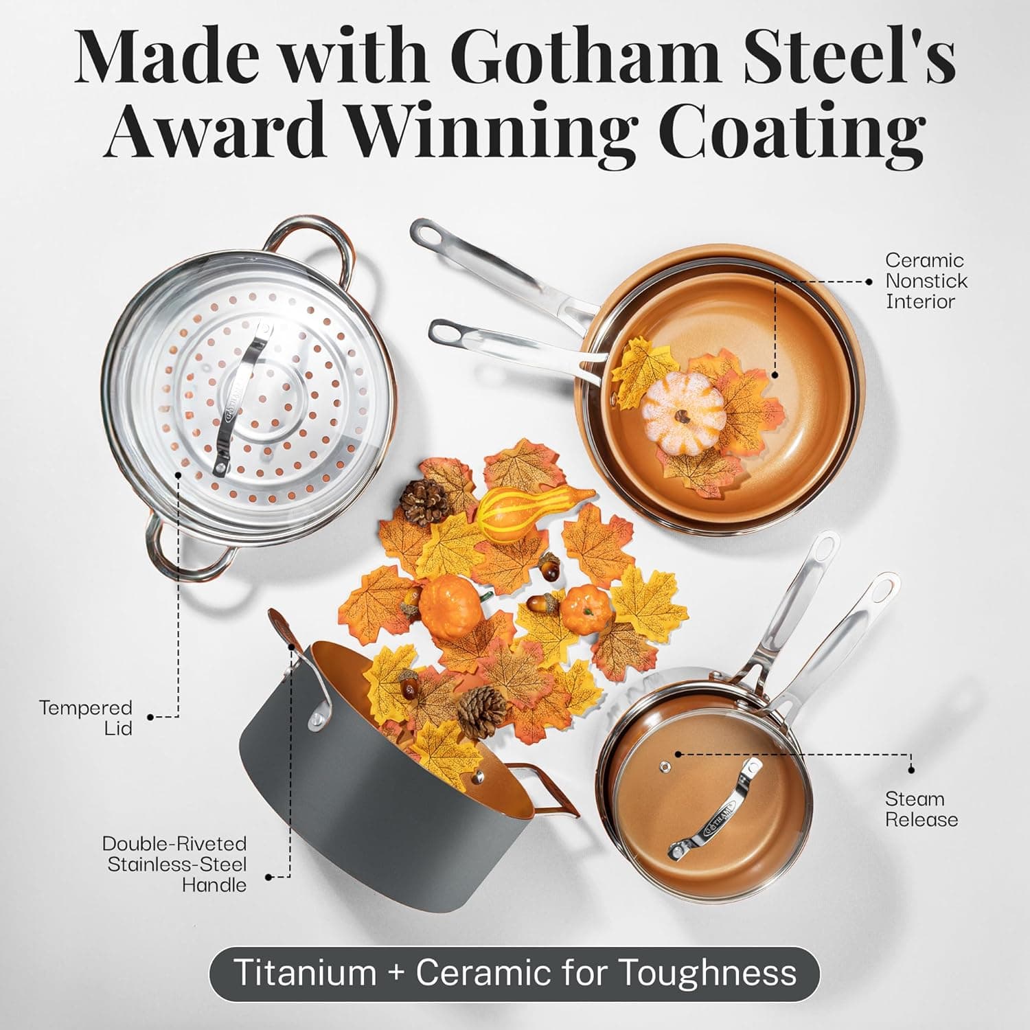 Gotham Steel 12 Pc Ceramic Cookware Set Nonstick, Ceramic Pots and Pans Set Non Stick with Steamer for Cooking, Non Toxic PFOA PFOS Free, Ergonomic Stay Cool Handles, Oven & Dishwasher Safe, Copper 12 Piece Set - Image 4
