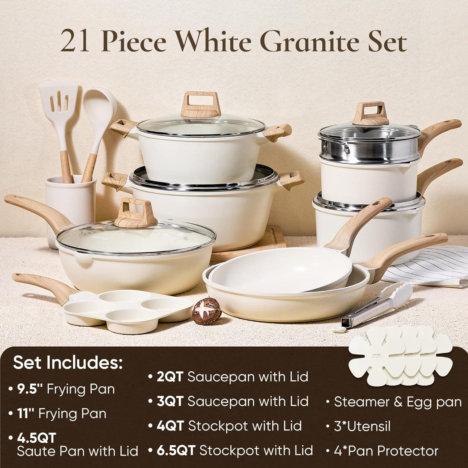 CAROTE 21Pcs Pots and Pans Set, Nonstick Cookware Sets, White Granite Induction Cookware Non Stick Cooking Set w/Frying Pans & Saucepans(PFOS, PFOA Free) Cream White 21 Piece - Image 3