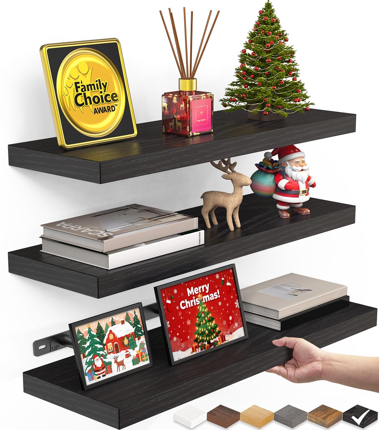 BAYKA Floating Shelves for Wall, Wall Mounted Rustic Wood Shelves for Bathroom, Bedroom, Living Room, Kitchen, Hanging Shelf for Books/Storage/Room Decor with 22lbs Capacity (Black, Set of 3, 15.7in) A. Black - Universal Classic Style 15.7inches