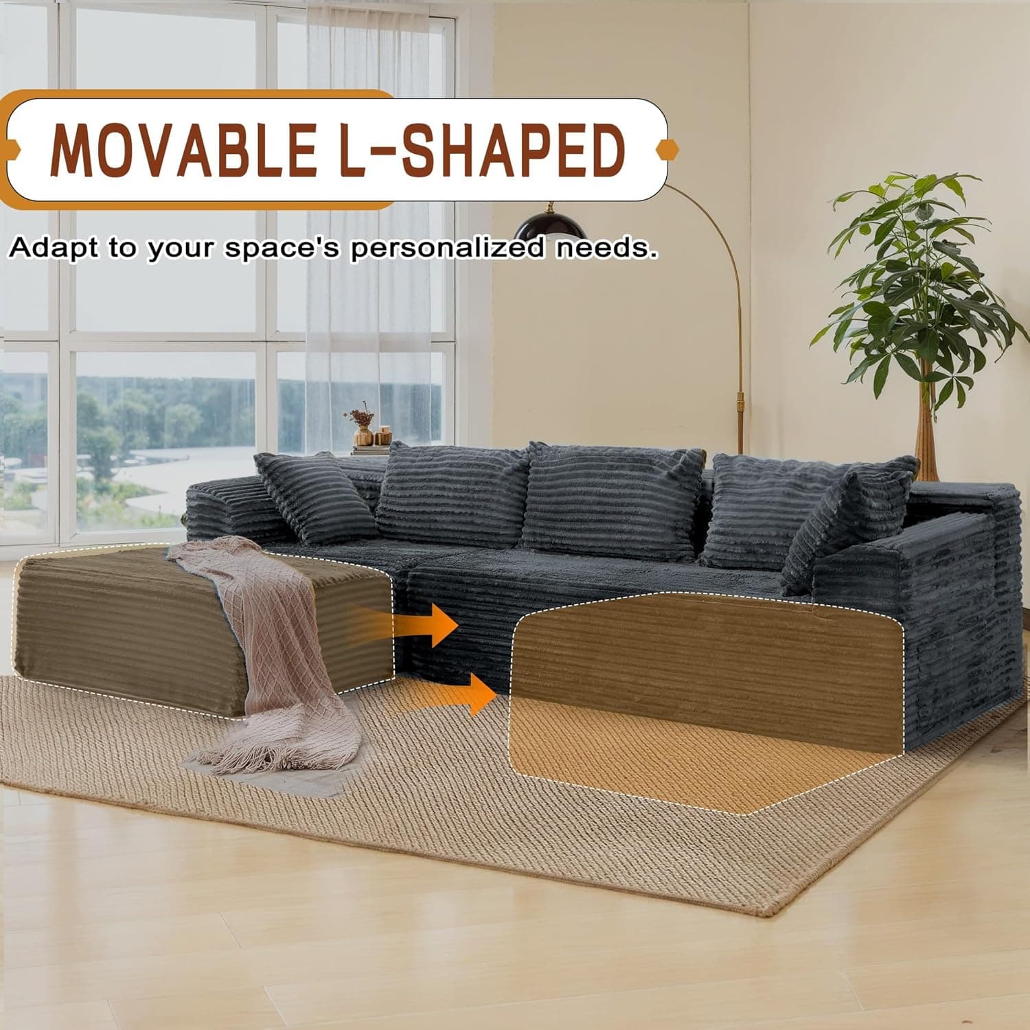 108" Sectional Couches for Living Room, Modular Sectional Sofa with L-Shape Chaise, Cloud Couch, Comfy Corduroy Fluffy Couch with Deep Seat and Side Pockets, No Assembly Required Charcoal Grey - Image 8