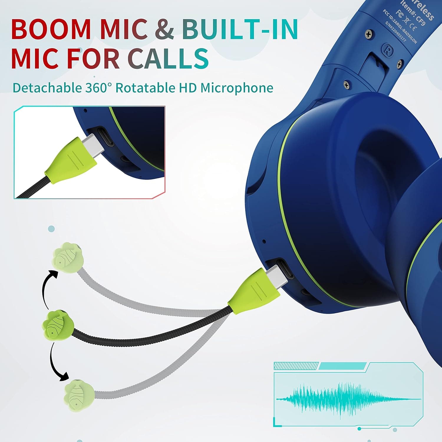 Riwbox CF9 Cat Ear Kids Bluetooth Headphones with LED Light Up,Safe 85dB Volume Limit,Built-in Mic&Boom Mic for Calls,Kids Wireless&Wired Headphones for Tablet/Airplane/School/Online Learning(Blue) - Image 3