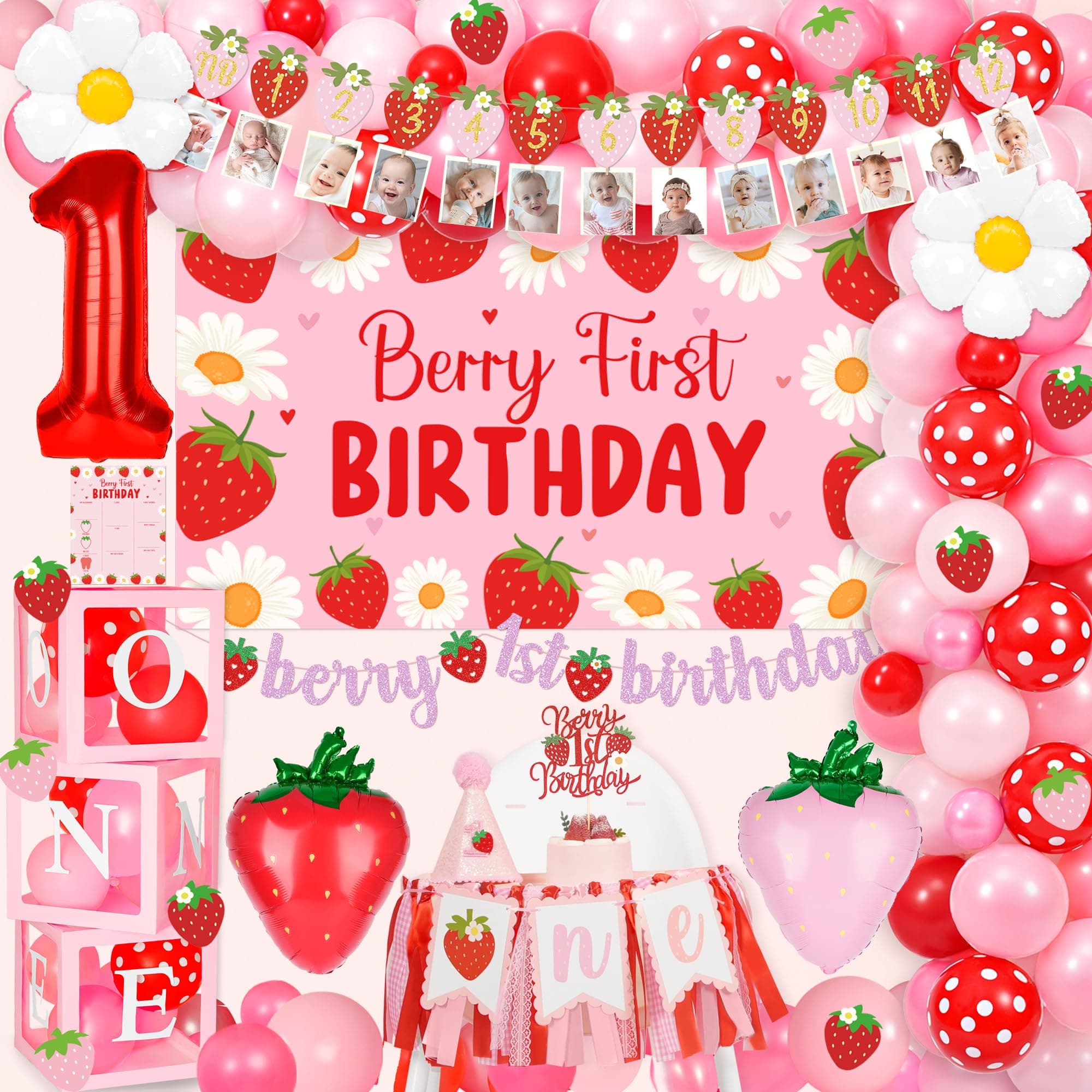 Berry First Birthday Decor Strawberry 1st Birthday Decorations for Girls with Balloon Arch, Highchair Banner Strawberry Theme Backdrop, Photo Banner, Cake Topper Pink
