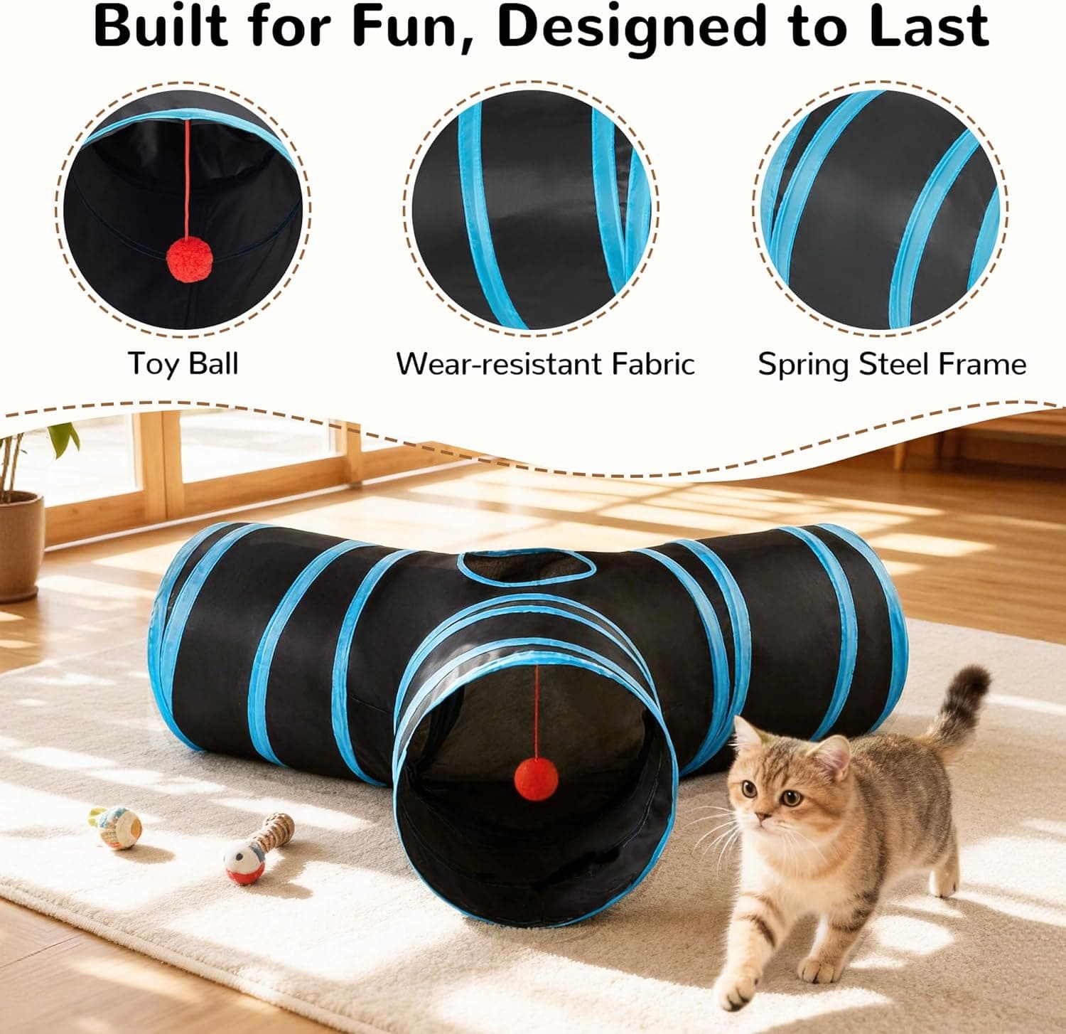 Tempcore Pet Cat Tunnel Tube Cat Toys 3 Way Collapsible, Tunnels for Indoor Cats，Kitty Bored Peek Hole Toy Ball Cat, Puppy, Kitty, Kitten, Rabbit 3-Way 3-Way Blue - Image 5