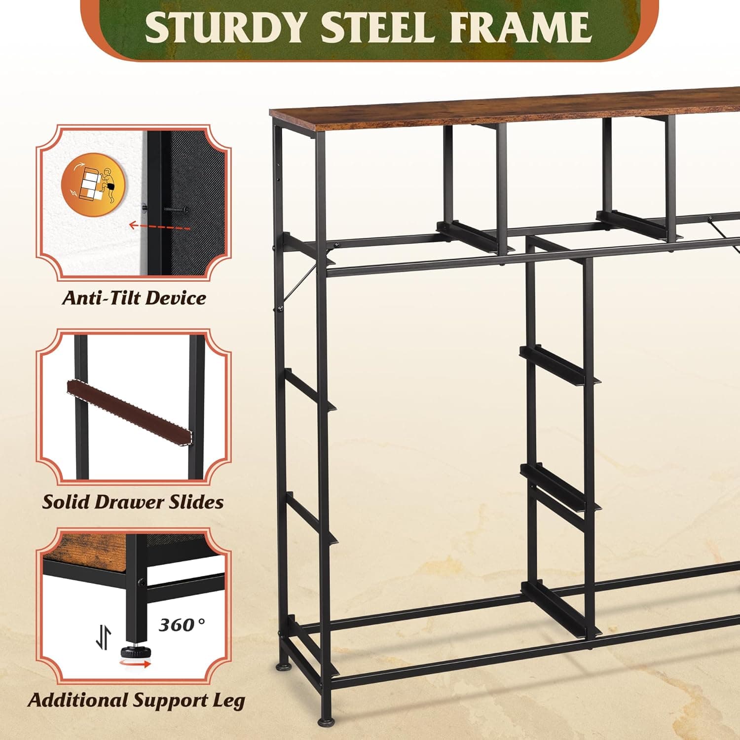 WLIVE 9-Drawer Dresser, Fabric Storage Tower for Bedroom, Hallway, Entryway, Closet, Tall Chest Organizer Unit with Fabric Bins, Steel Frame, Wood Top, Easy Pull Handle, Rustic Brown Wood Grain Print - Image 9