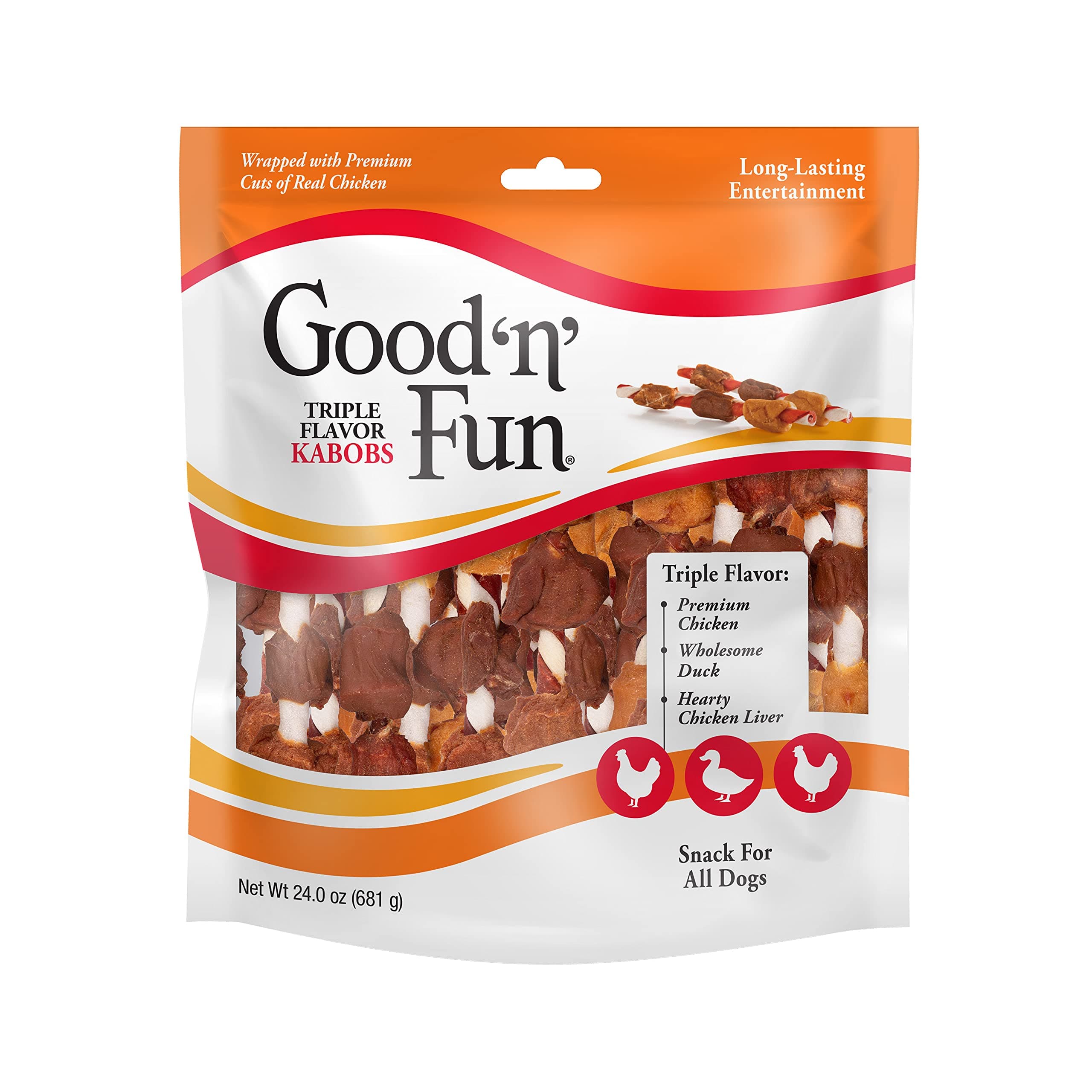 Good ‘n’ Fun Triple Flavor Kabobs Chews for All Dogs, 24 Ounces, Treat Your Dog to Chews Made from Beef Hide, Real Chicken, Pork Hide, Duck and Chicken Liver 24 Fl Oz (Pack of 1)