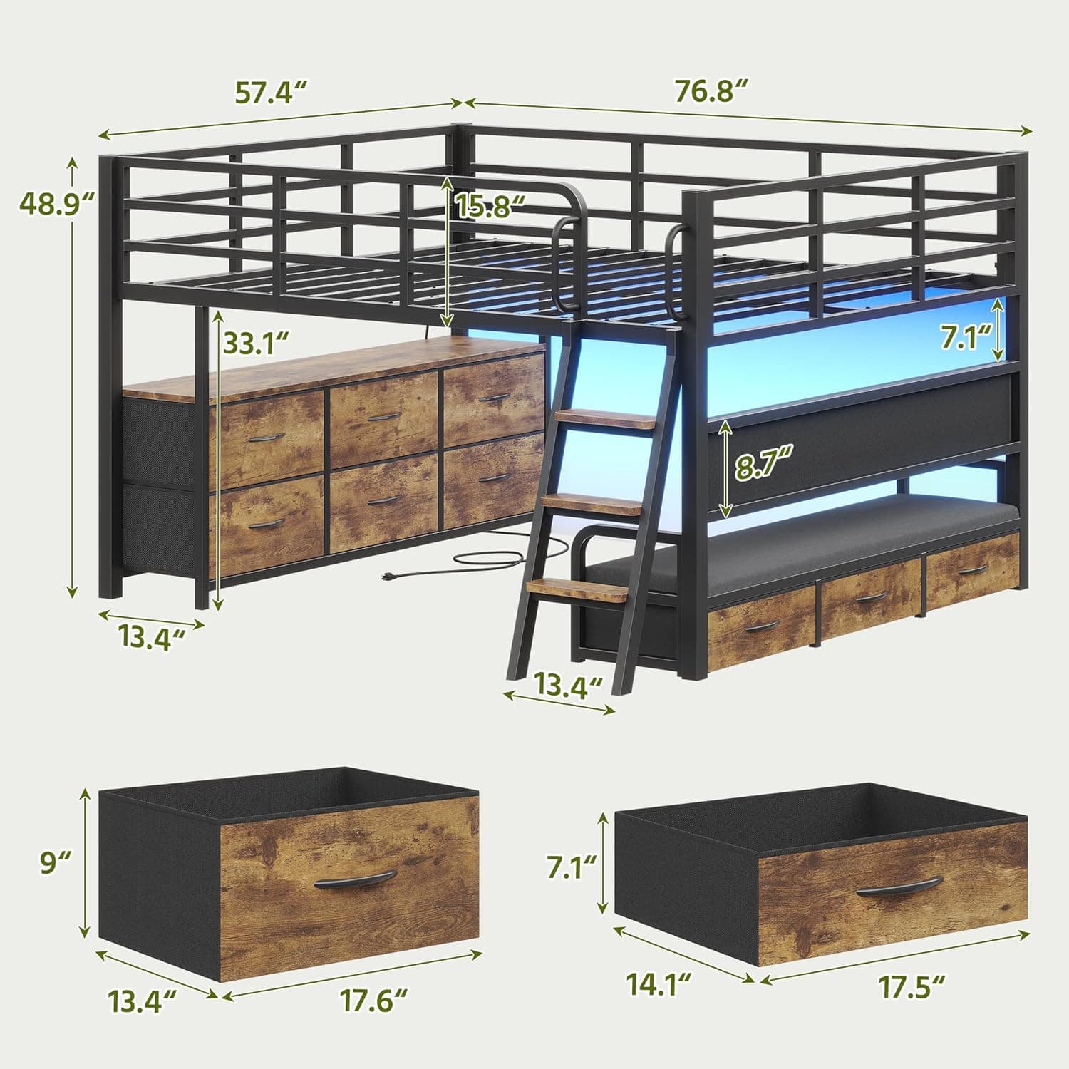 Cama de tamaño completo con escritorio, marco de cama de tamaño completo con 9 cajones de almacenamiento, cama loft para niños con barandilla de seguridad de 15.8" H, sofá, luces LED y estación de carga, sin necesidad de somier, marrón rústico - Image 2