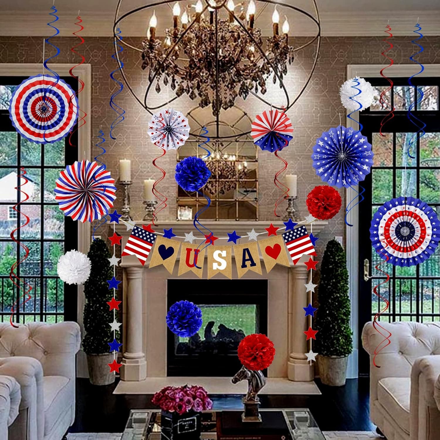 26Pcs Patriotic Decorations 4th of July Decorations LOVE USA Banner Red White Blue Paper Fans Star Streamer Pom Poms Hanging Swirls for Veterans Labor Presidents Flag Memorial Day - Image 5