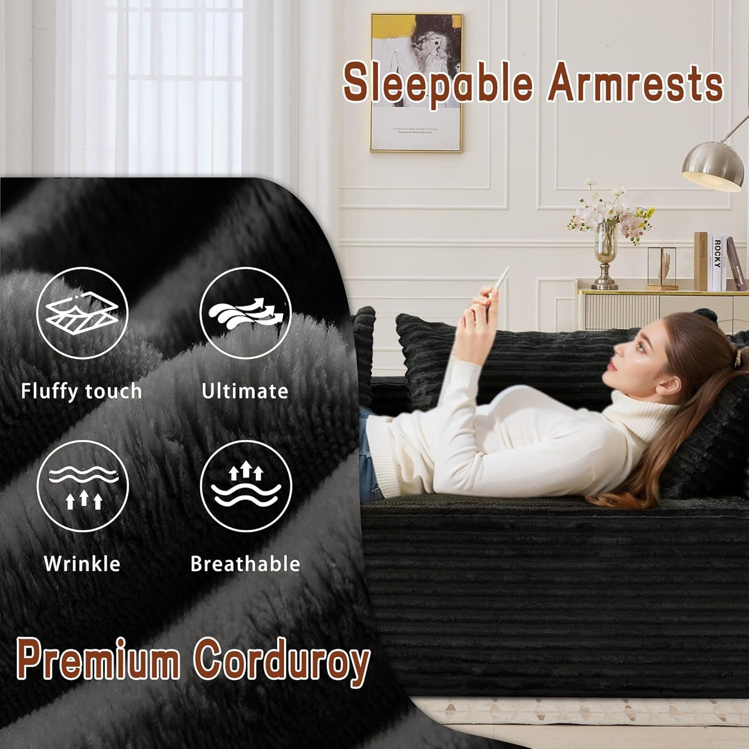 108" Sectional Couches for Living Room, Modular Sectional Sofa with L-Shape Chaise, Cloud Couch, Comfy Corduroy Fluffy Couch with Deep Seat and Side Pockets, No Assembly Required Jet Black - Image 8