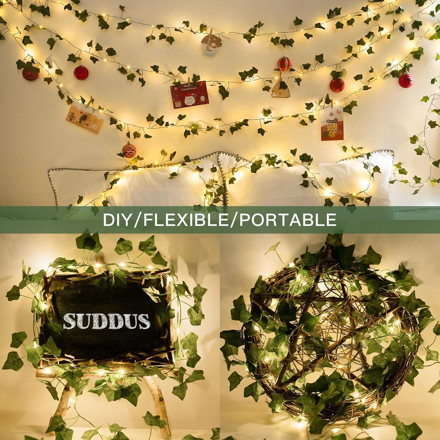 suddus Vine with Fairy Lights Battery Operated, 33ft 100 LED Ivy String Lights with Remote, Leaf Lights for Bedroom, Room, Wall, Garden, Party, Wedding Decor (Warm White) 100 LED-Battery-Powered Copper Wire IVY - Image 7