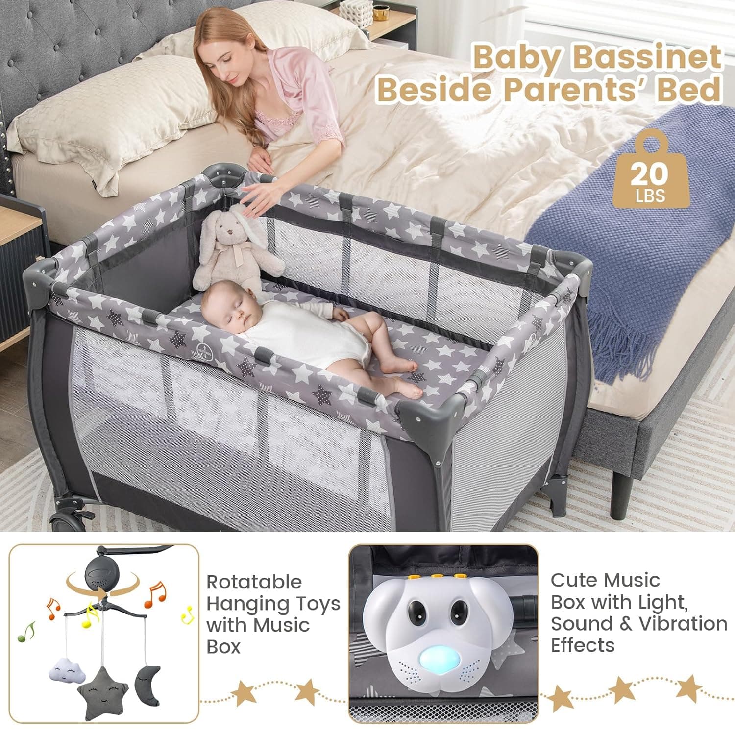 Costzon 3 in 1 Pack and Play with Bassinet, Portable Baby Playard with Changing Table, Music Box, Whirling Toys, Wheels/Brake, Basket, Bag, Foldable Infant Bassinet for Baby Toddlers Indoor Outdoor Gray Little Stars - Image 7