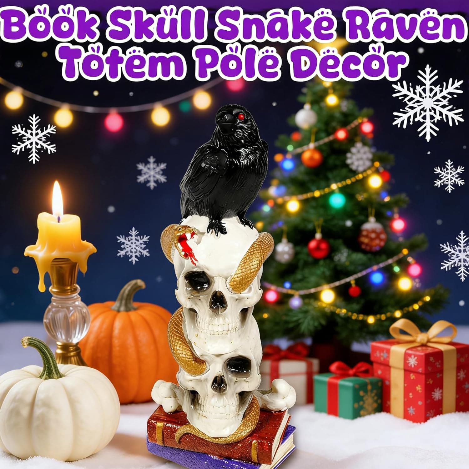 Wowagoga Christmas Raven Skull,Skeleton Skull Head, Totem Pole Decor with Book 8 Inch Tall Macabre Art Sculpture for Home Office - Image 3