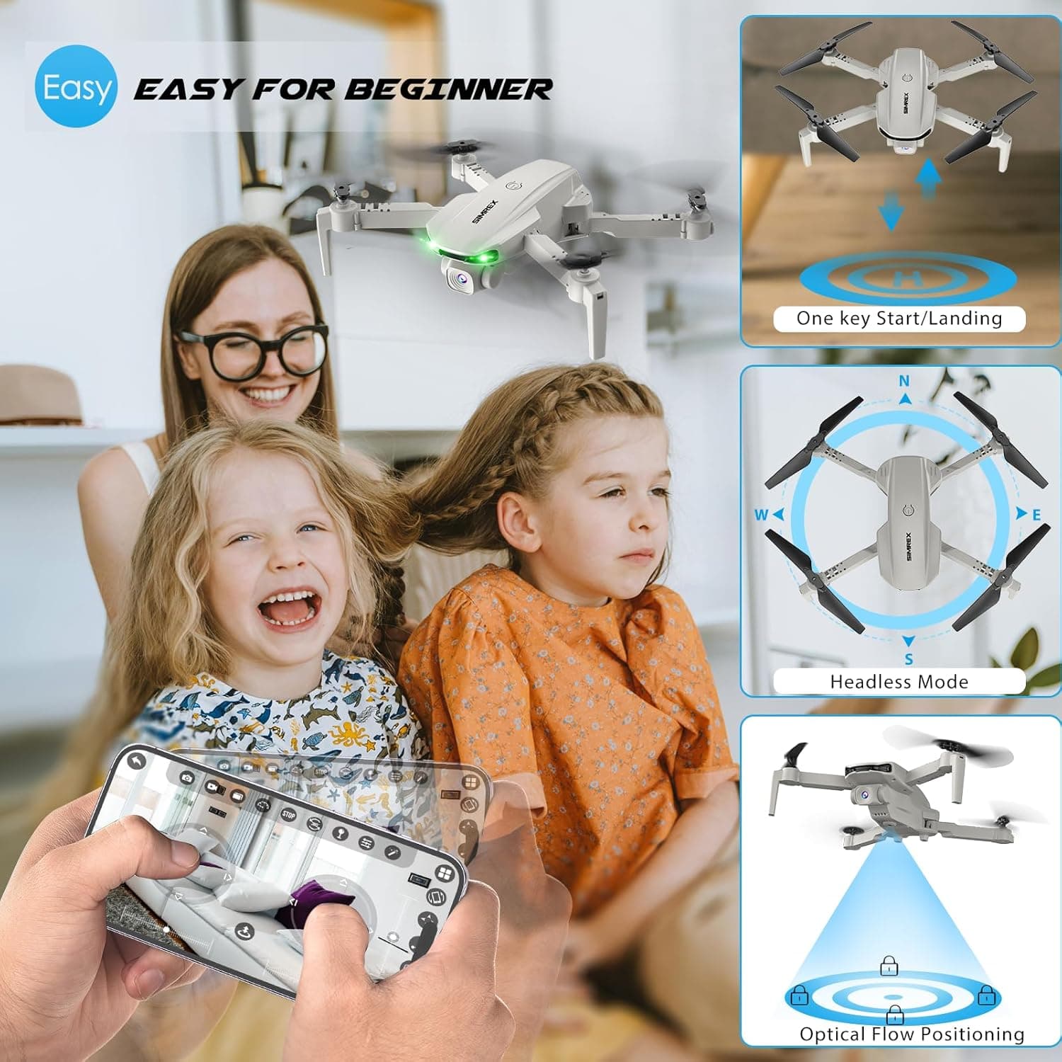 Drone SIMREX Con Cámara 1080P para Niños y Adultos, Quadcopter RC con Mantenimiento de Altura, Mini Drone con Inicio de Un Botón, Vuelo por Waypoint, Modo Sin Cabeza, Volteo 3D, 3 Velocidades, Drone Control Remoto para Principiantes Gris - Image 5