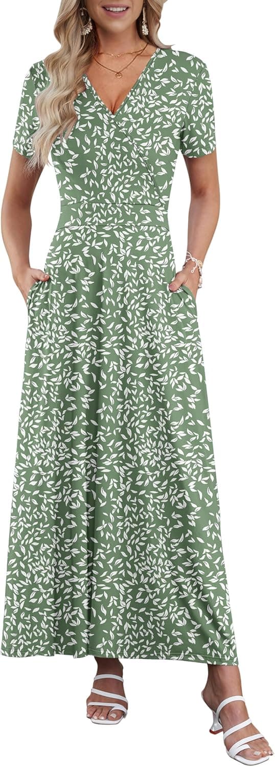 AUSELILY Maxi Dresses for Women Ankle Length Floral Print Beach Long Flowy Dress with Pockets Small Olive-green Leaf - Image 2
