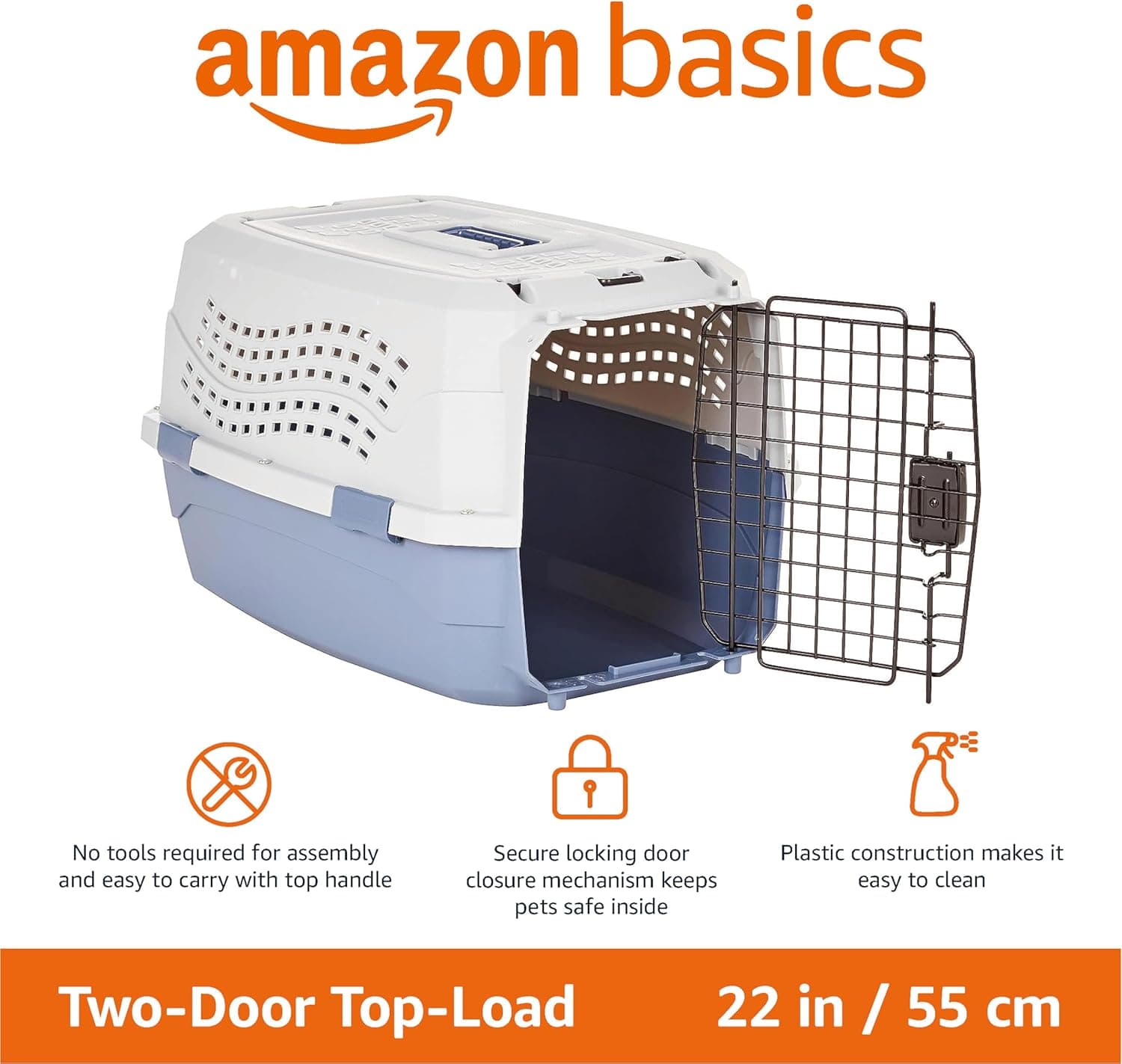 Amazon Basics 2-Door Top-Load Hard-Sided Dogs, Cats Pet Travel Carrier, Gray & Blue, 22.8"L x 15.0"W x 13.0"H Gray & Blue 22.8"L x 15.0"W x 13.0"H - Image 3