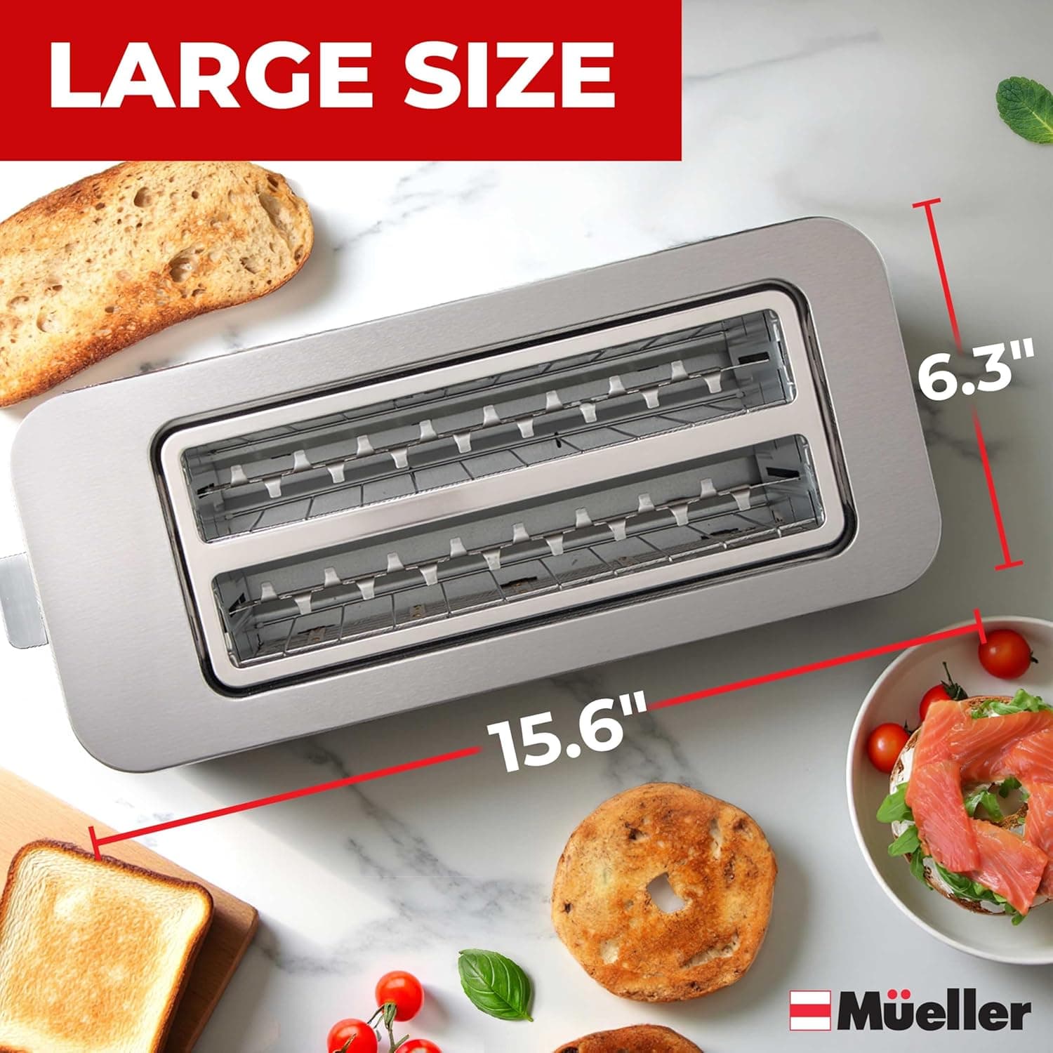 Mueller UltraToast Full Stainless Steel Toaster 4 Slice, Long Extra-Wide Slots for Bagels and Waffles, 6 Browning Levels, LED Display, Cancel/Defrost/Reheat Functions & Removable Tray, Kitchen Gadgets - Image 9
