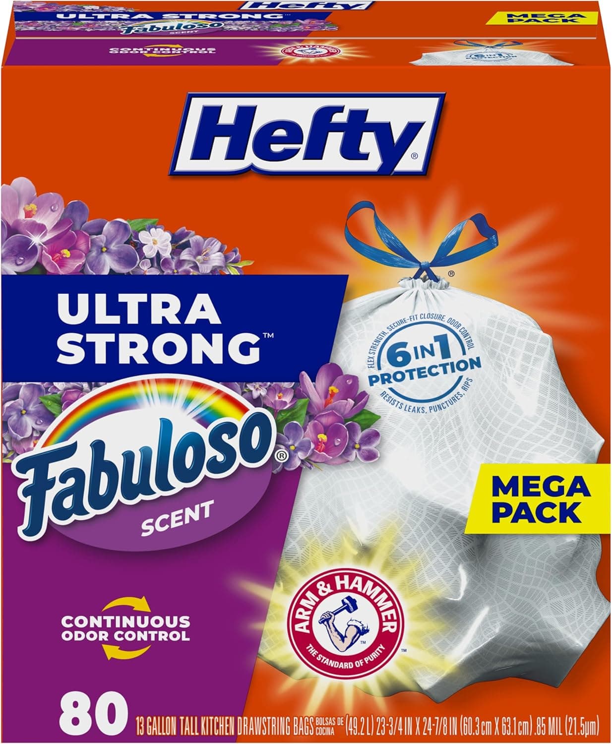 Hefty Ultra Strong 13 Gallon Trash Bags, Tall Kitchen Trash Bags 13 Gallon Size, Resist Leaks, Punctures, and Rips, Continuous Odor Control, White, Fabuloso Scent, 80 Bags 80 Count (Pack of 1) Fabuloso - Image 2