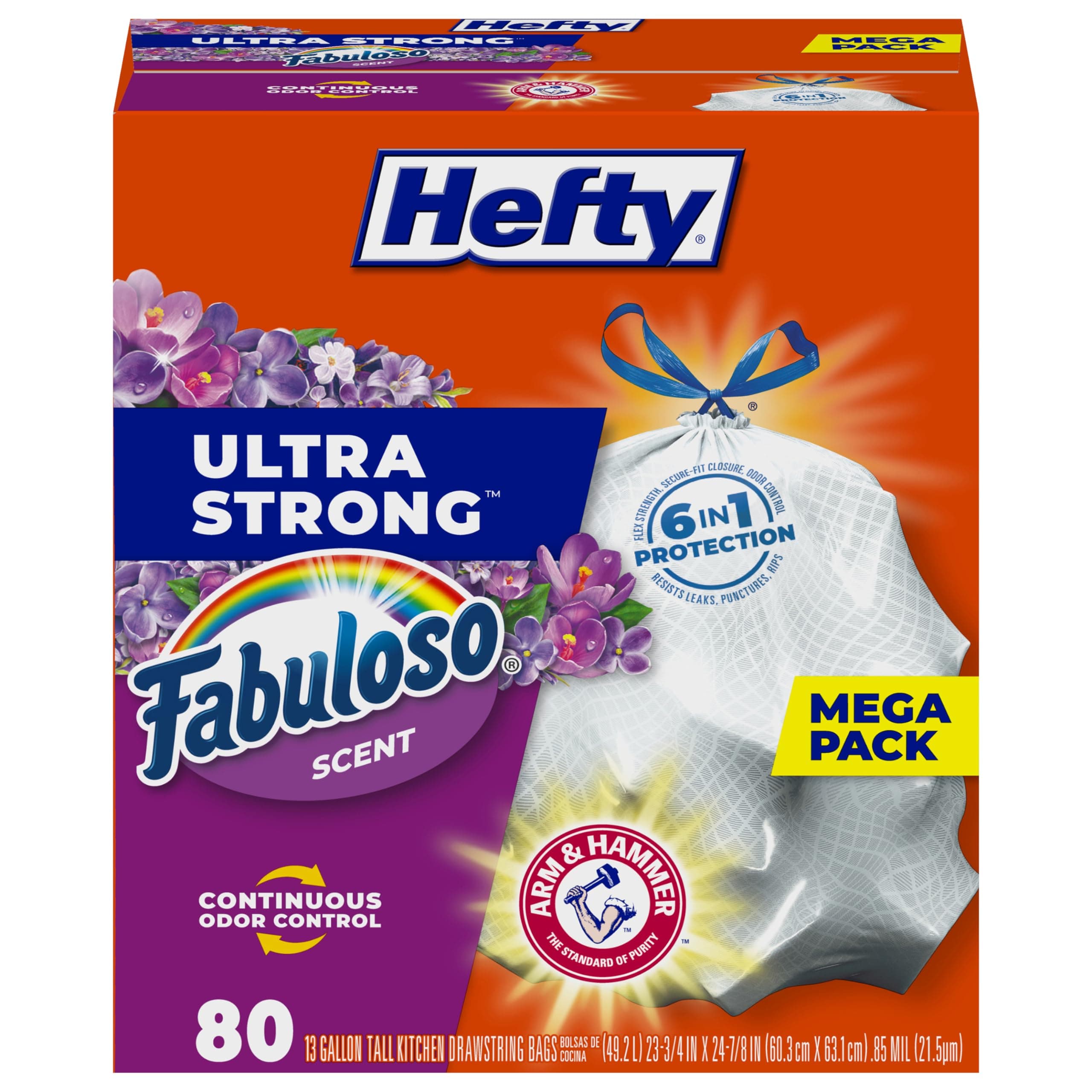 Hefty Ultra Strong 13 Gallon Trash Bags, Tall Kitchen Trash Bags 13 Gallon Size, Resist Leaks, Punctures, and Rips, Continuous Odor Control, White, Fabuloso Scent, 80 Bags 80 Count (Pack of 1) Fabuloso
