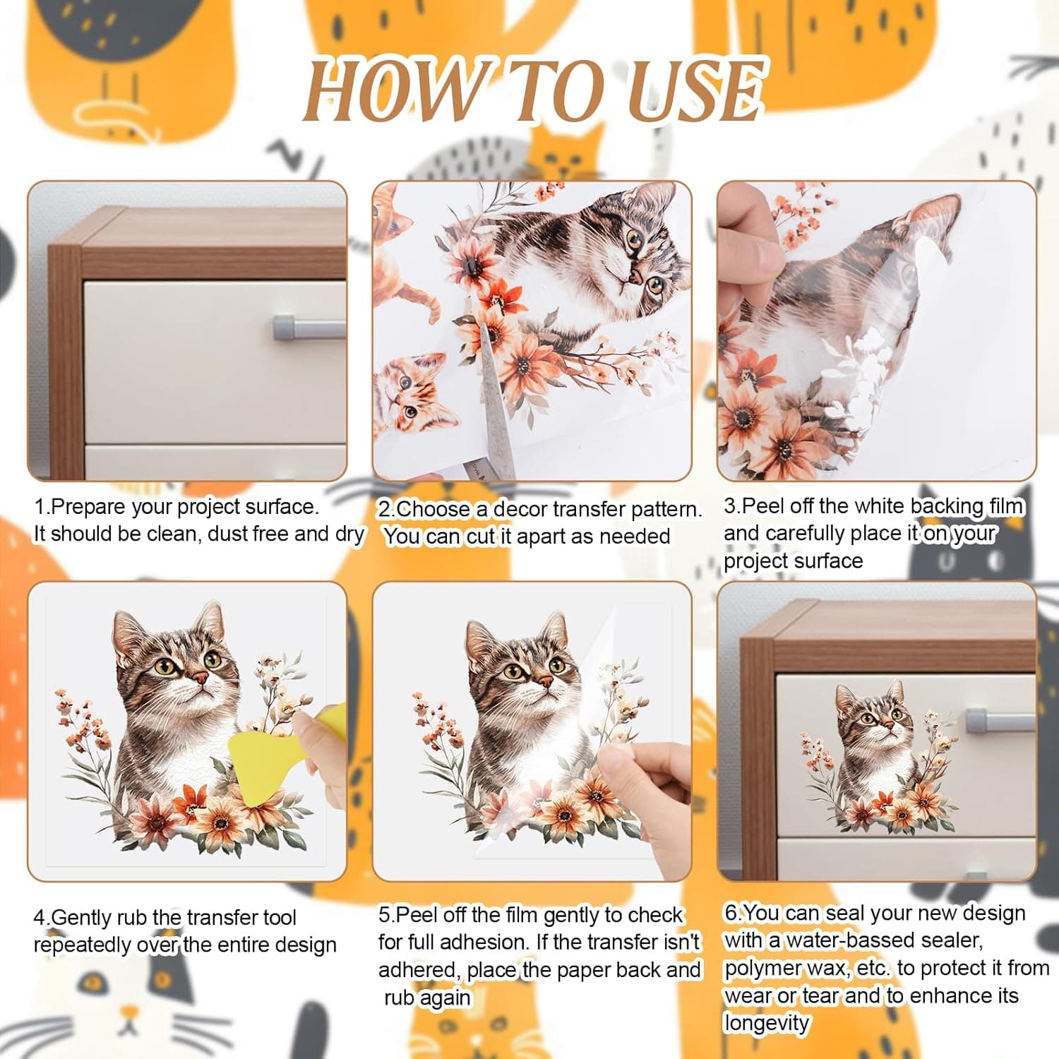 Rub on Transfers for Crafts, 3 Sheets Cats Theme 5.91 * 11.81in Rub on Transfers for Furniture and Crafts for Wood Farbic Glass DIY Home Office Decoration Cute Cats - Image 5