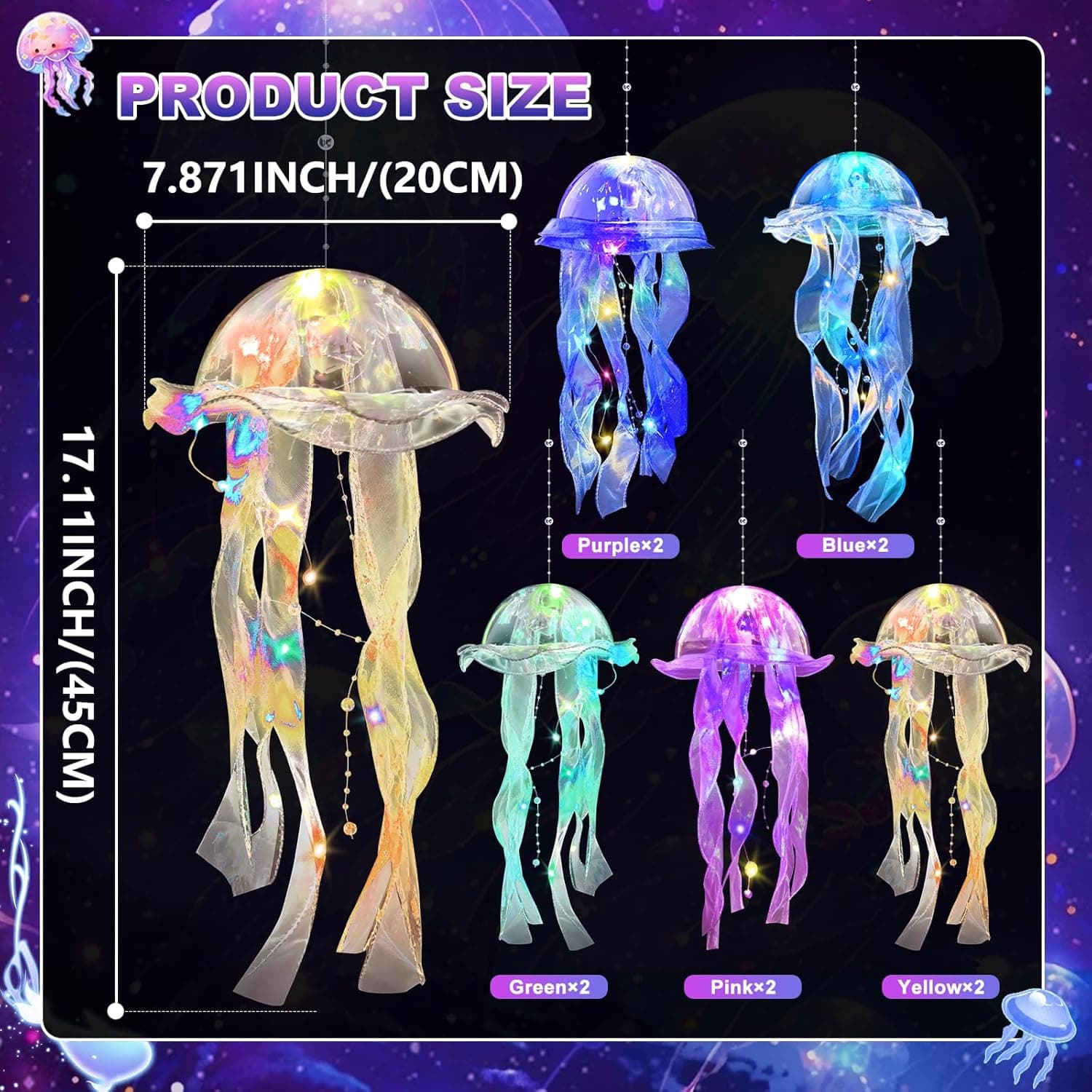 Jellyfish Decor, 10 Pcs Jellyfish Lanterns - Hanging Jelly Fish Decoration for Mermaid Theme Party & Under The Sea Party Decorations, Birthday Gift Supplies for Women Girls Baby (5 Colors) Yellow, Pink, Purple, Blue, Green - Image 5