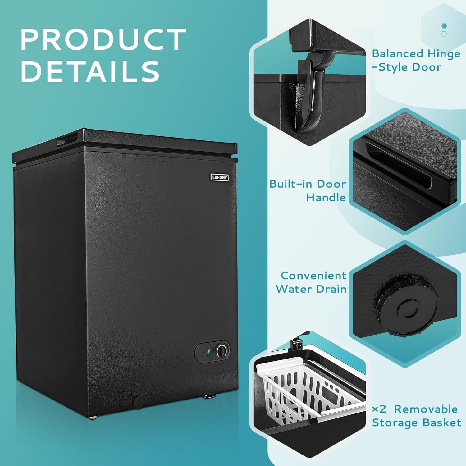 EUHOMY 3.5 Cu.Ft Chest Freezer with Removable Basket, Small Deep Freezer Adjustable 7 Thermostat, Quiet Mini Freezer Free-Standing Top Door, Energy Saving for Apartment/Garage/Basement/Dorm/Home,Black - Image 5