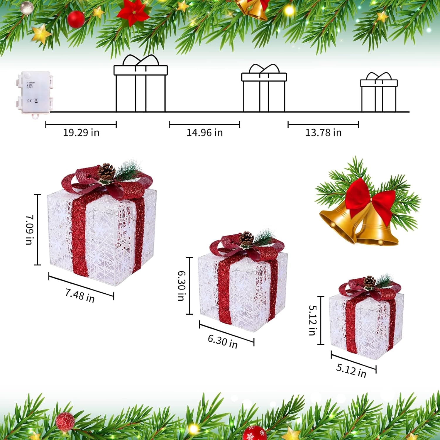 Christmas Decorations, Set of 3 Christmas Lighted Gift Boxes, Battery Operated Xmas Present Boxes, Warm White LED with Bows for Indoor Christmas Tree, Yard, Home Decor 1.red bow - Image 4