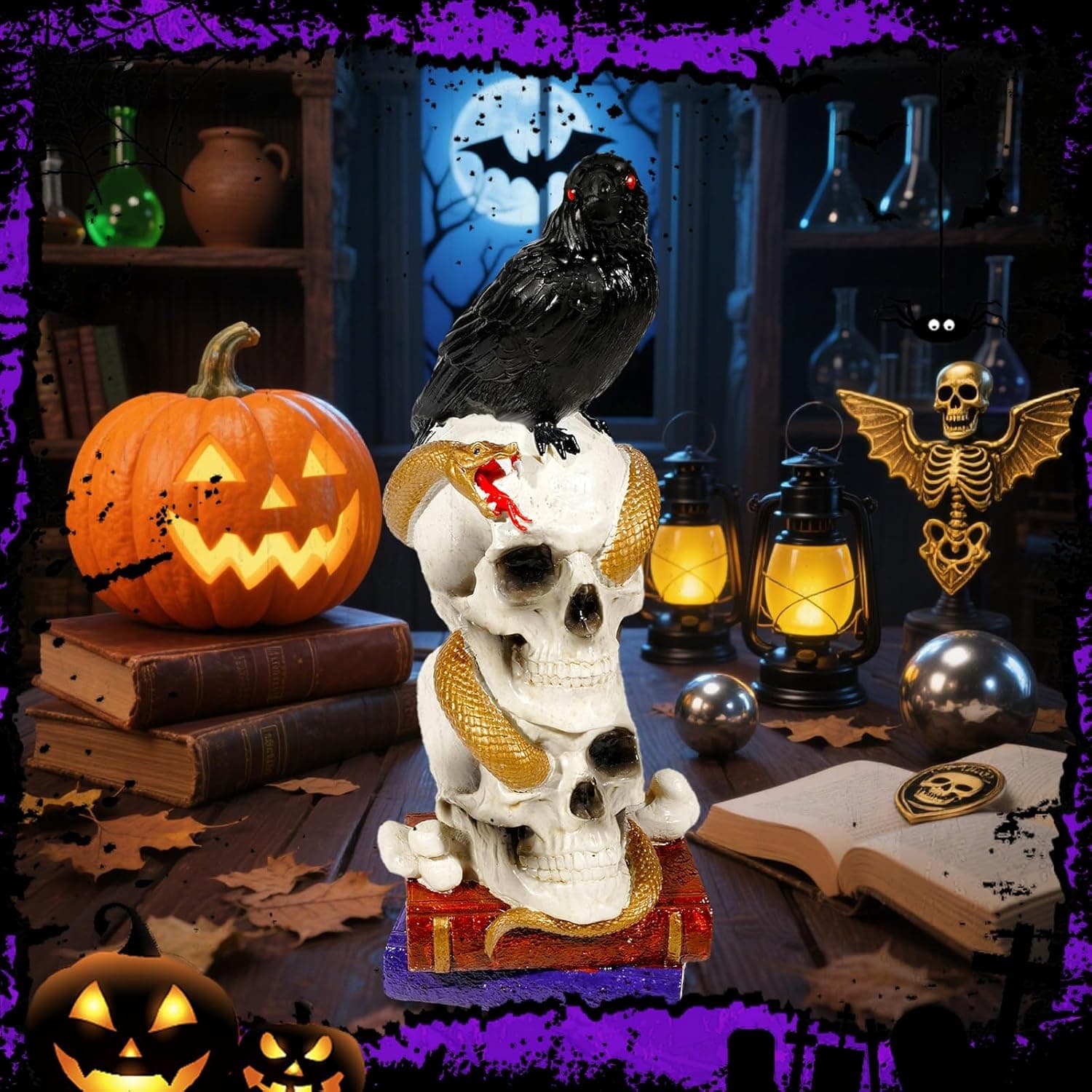 Wowagoga Halloween Raven Skull,Skeleton Skull Head, Totem Pole Decor with Book 8 Inch Tall Macabre Art Sculpture for Home Office - Image 7