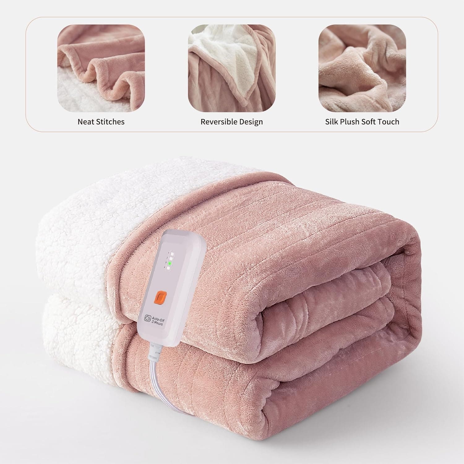GOTCOZY Heated Blanket Electric Throw 50''X60''- Soft Silky Plush Electric Blanket with 4 Heating Level & 3 Hour Auto Off Heating Blanket, ETL Certified Machine Washable (Rose Dust) Rose Dust Throw - Image 3