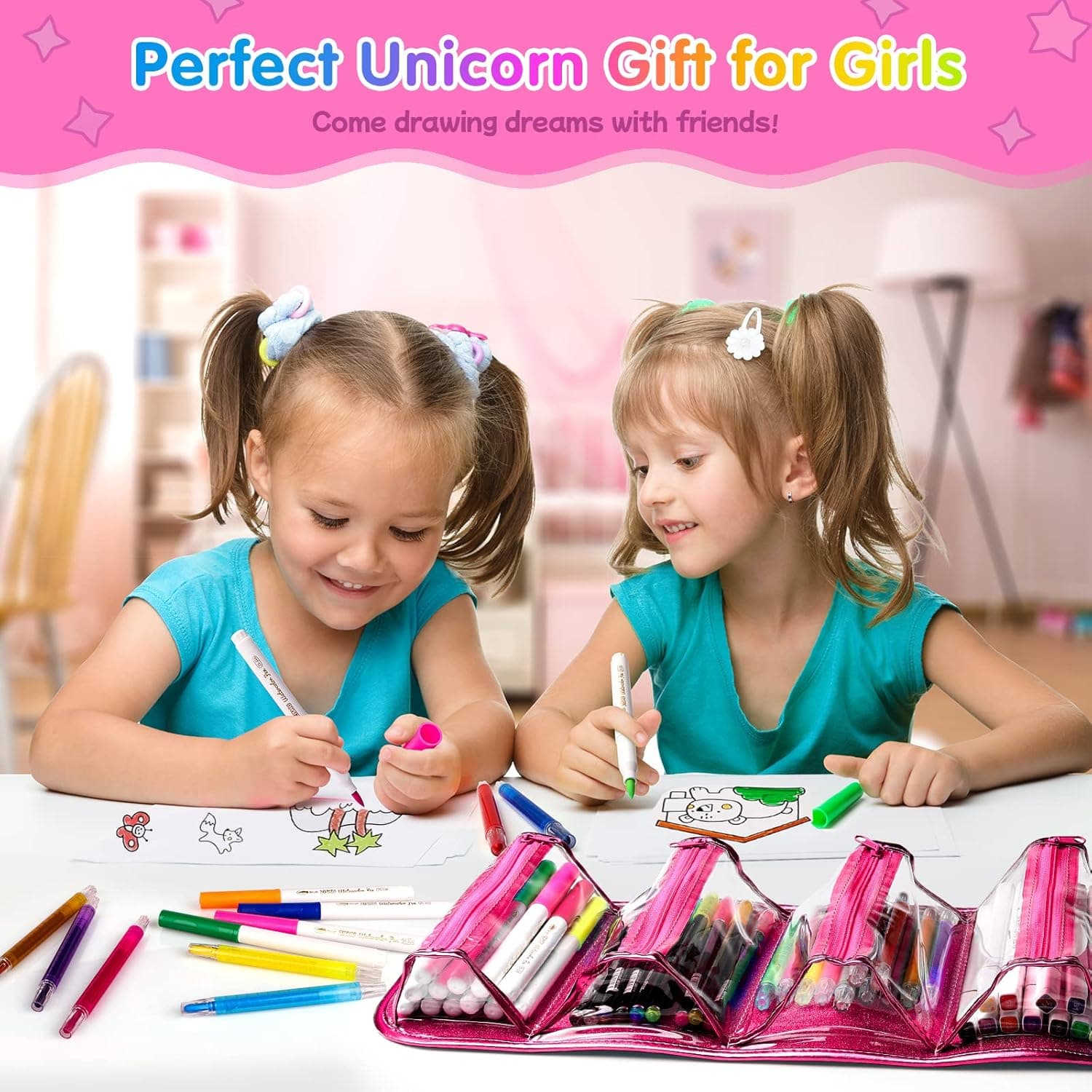 beefunni Unicorn Washable Markers Set 48 pcs with Glitte Pencil Case, Art Supplies for Kids Ages 4-6-8, Arts Crafts Coloring Set with Stickers - Birthday Gifts for Girls 4 5 6 7 8 9 Year Old Hot Pink - Image 6