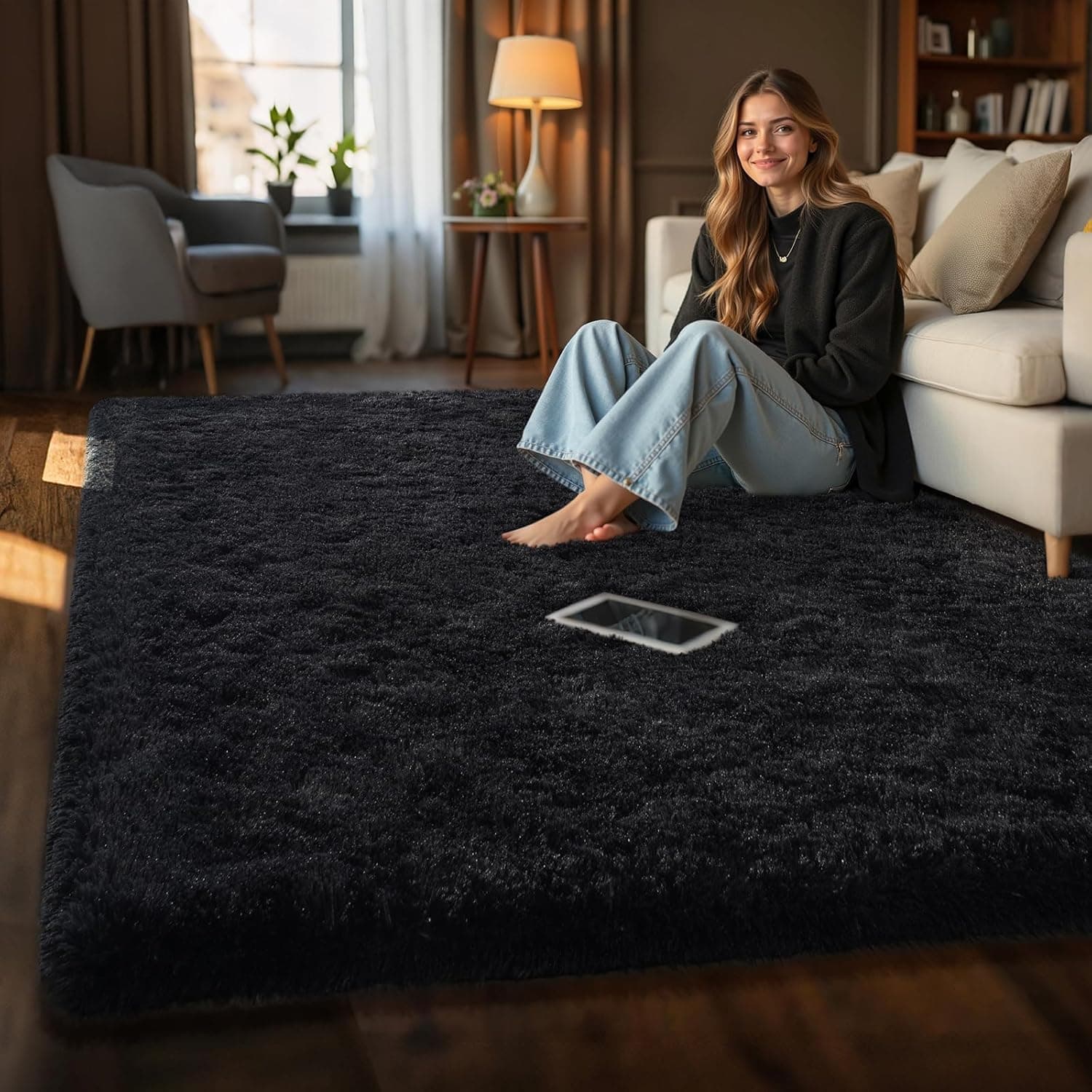 HOMORE Black Rug for Bedroom 4x6 Furry Carpet for Boys Girls Shaggy Fuzzy Rugs for Living Room Non Slip Large Rug for Kids Dorm Home Decor 4' x 6' (Rectangular) Black - Image 8