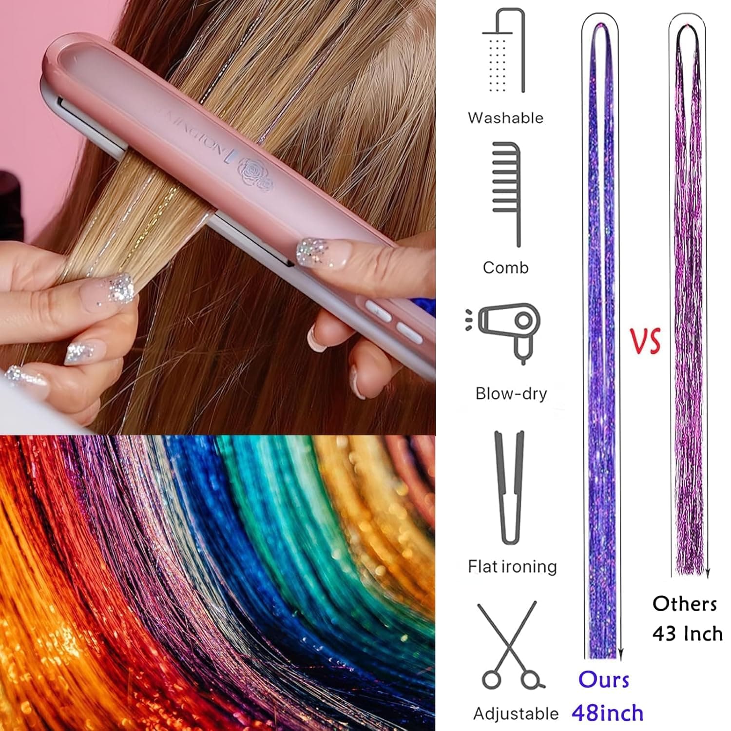 Hair Tinsel,18 Colors Hair Tinsel Kit for Girls 7600 Strands Fairy Tinsel Hair Extensions Holographic Hair Tinsel Heat Resistant Colored Hair Glitter Christmas Party Festival (18 Colors) - Image 7