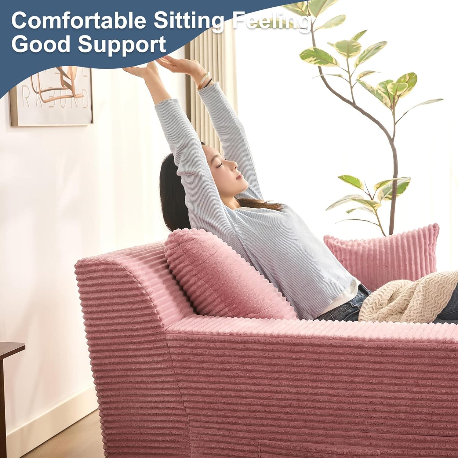 63" Oversized Boneless Chaise Lounge Chair, Extra Cloud Layer, Convertible Sleeper Sofa Couch with Removable Pillows & Side Pockets, Corduroy Upholstered Sofa Bed with Armrests for Living Room, Pink Pink Oversized - Image 5
