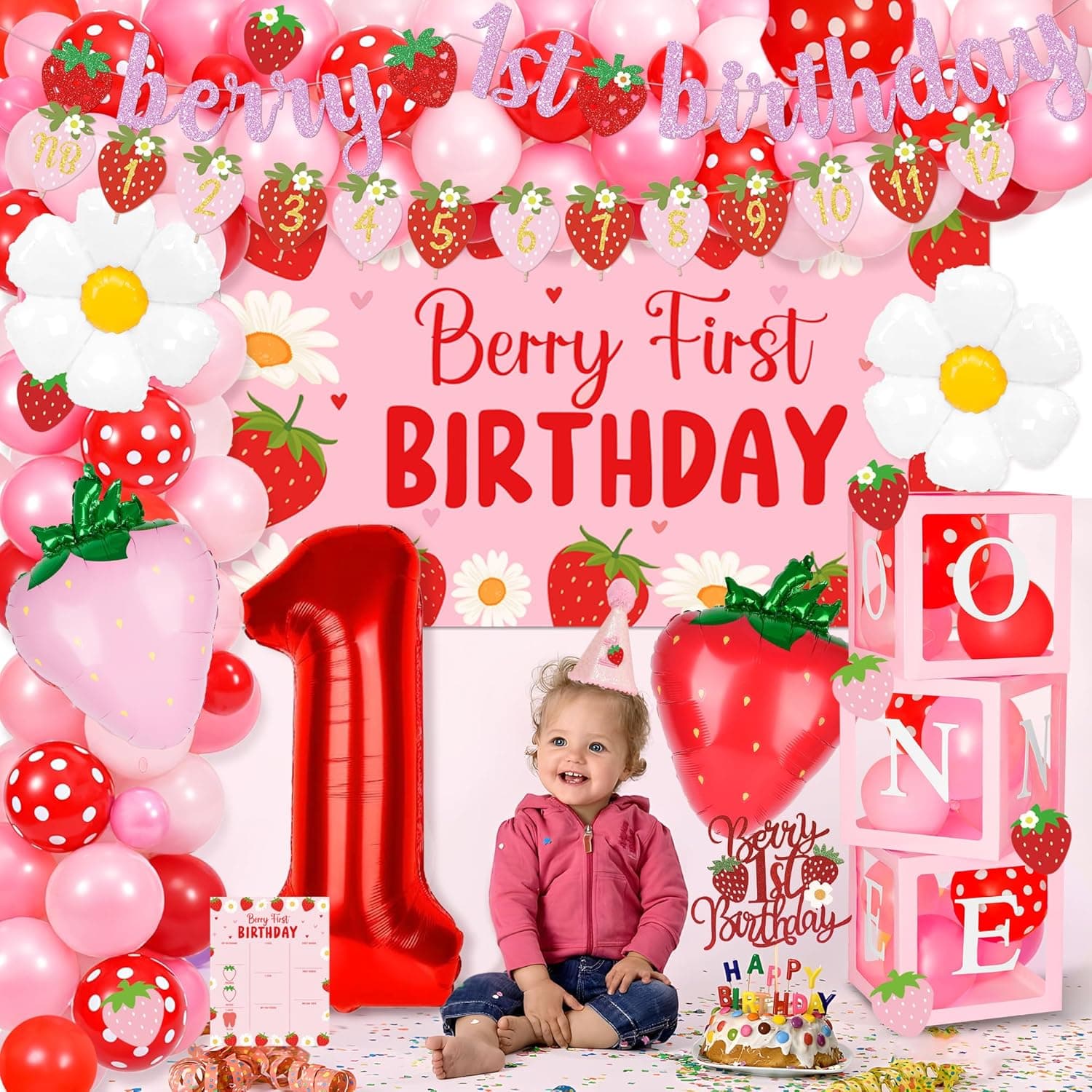 Berry First Birthday Decor Strawberry 1st Birthday Decorations for Girls with Balloon Arch, Highchair Banner Strawberry Theme Backdrop, Photo Banner, Cake Topper Pink - Image 5