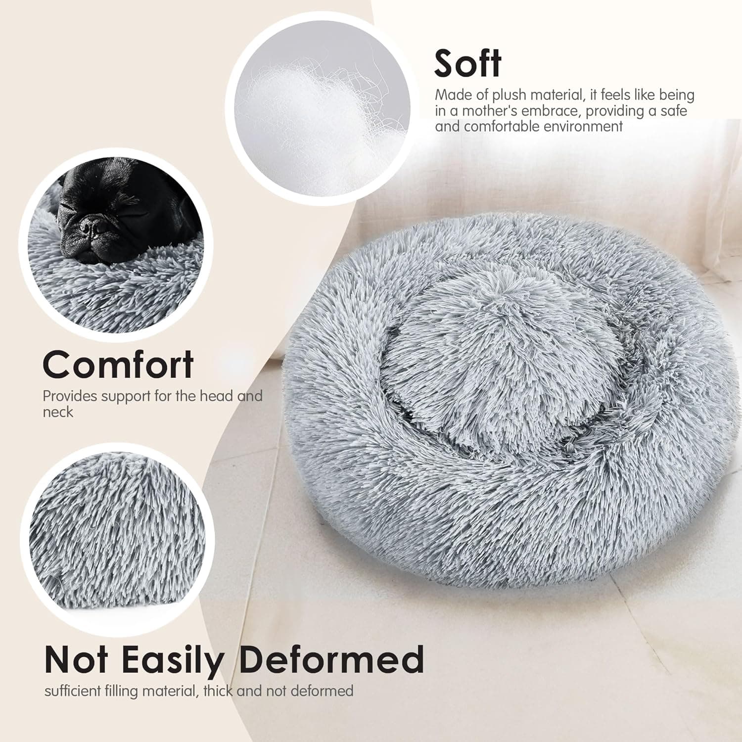 Hoewina Dog & Cat Bed for Indoor Cats, 20in Calming Donut Bed for Puppy and Kitten, Washable Round Fluffy Pet Bed for Small Medium Dogs and Cats (Light Grey) 20.0"L x 20.0"W x 8.0"Th Light Grey - Image 6