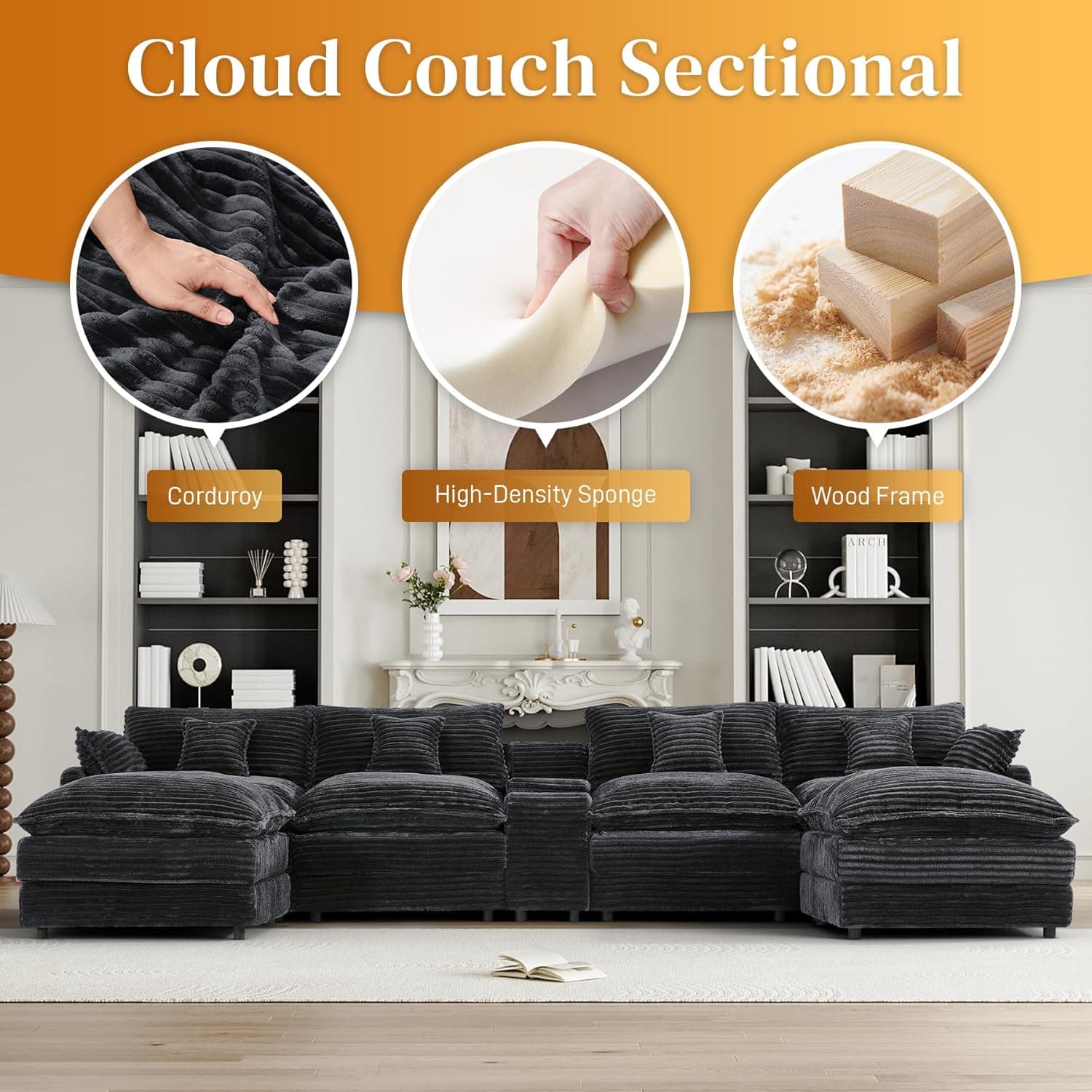 HYJT-H&K 145" U Shaped Cloud Couch Modular Dark Grey Sectional Couches for Living Room, Comfy Fluffy Corduroy Oversized Cloud Sectional Couch Large 6 Seat Sectionals Sofa Set Central Console USB Port 145" Dark Grey - Image 6