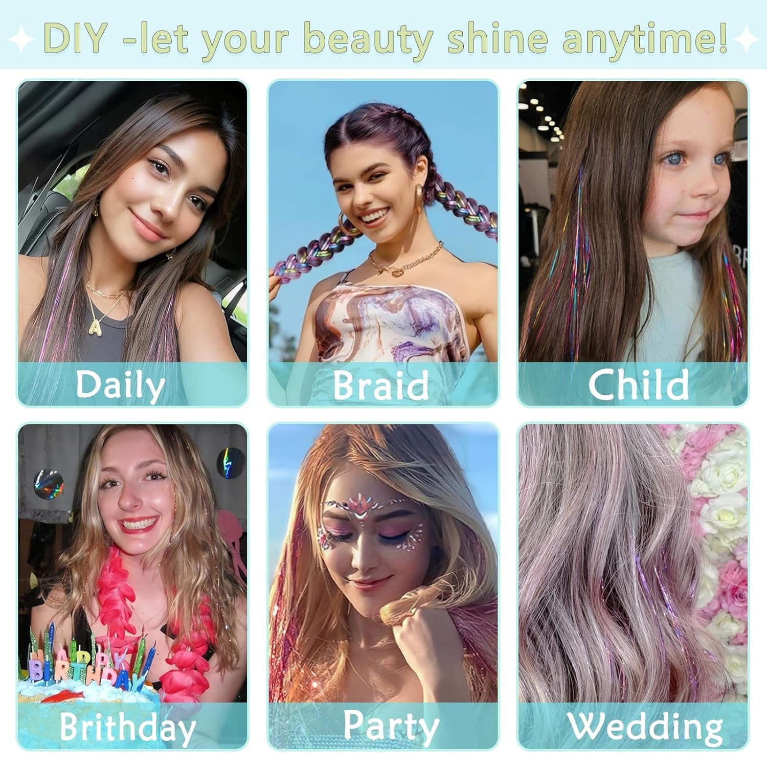 Hair Tinsel,18 Colors Hair Tinsel Kit for Girls 7600 Strands Fairy Tinsel Hair Extensions Holographic Hair Tinsel Heat Resistant Colored Hair Glitter Christmas Party Festival (18 Colors) - Image 5