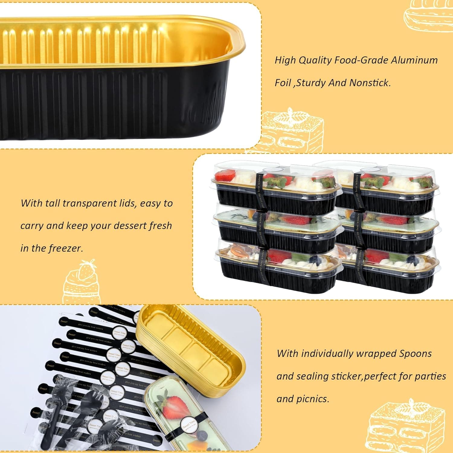 Mini Loaf Pans with Lids and Spoons (100 Pack, Black-gold, 6.8oz) Rectangular Aluminum Foil Baking Pans - Image 4