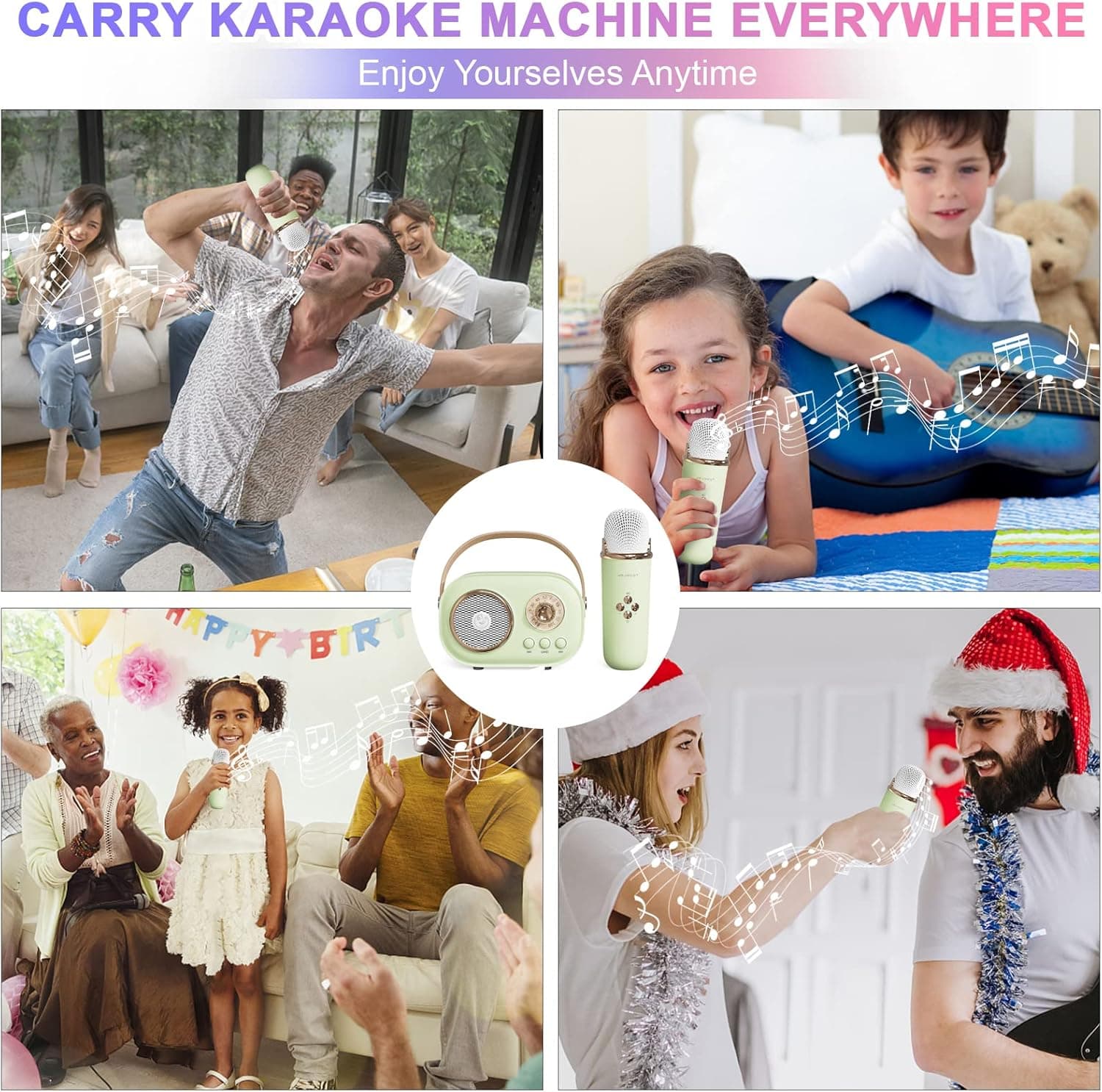 Mini Karaoke Machine,Karaoke Machine for Kids and Adults,Cute Karaoke with Microphone Set,Portable Bluetooth Speaker with Microphone,Retro Handheld Style for Family Party Meeting Singing (Green) - Image 2