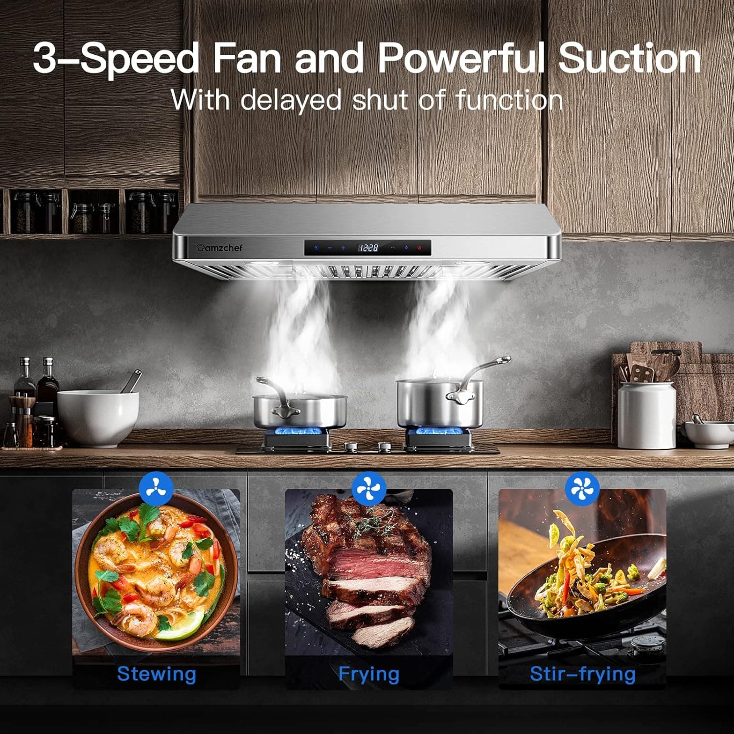 AMZCHEF Under Cabinet Range Hood 30 Inch, 750CFM Stainless Steel Kitchen Stove Vent Hood 3 Speed Exhaust Fan Touch/Remote/Gesture Control LED lights Time Setting Dishwasher-Safe Baffle Filters - Image 4